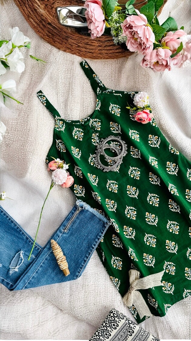 Dark Green Block Print Short Kurta