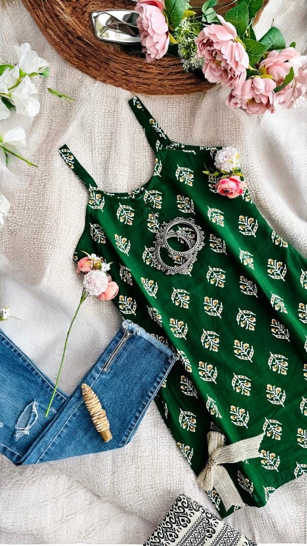 Dark Green Block Print Short Kurta