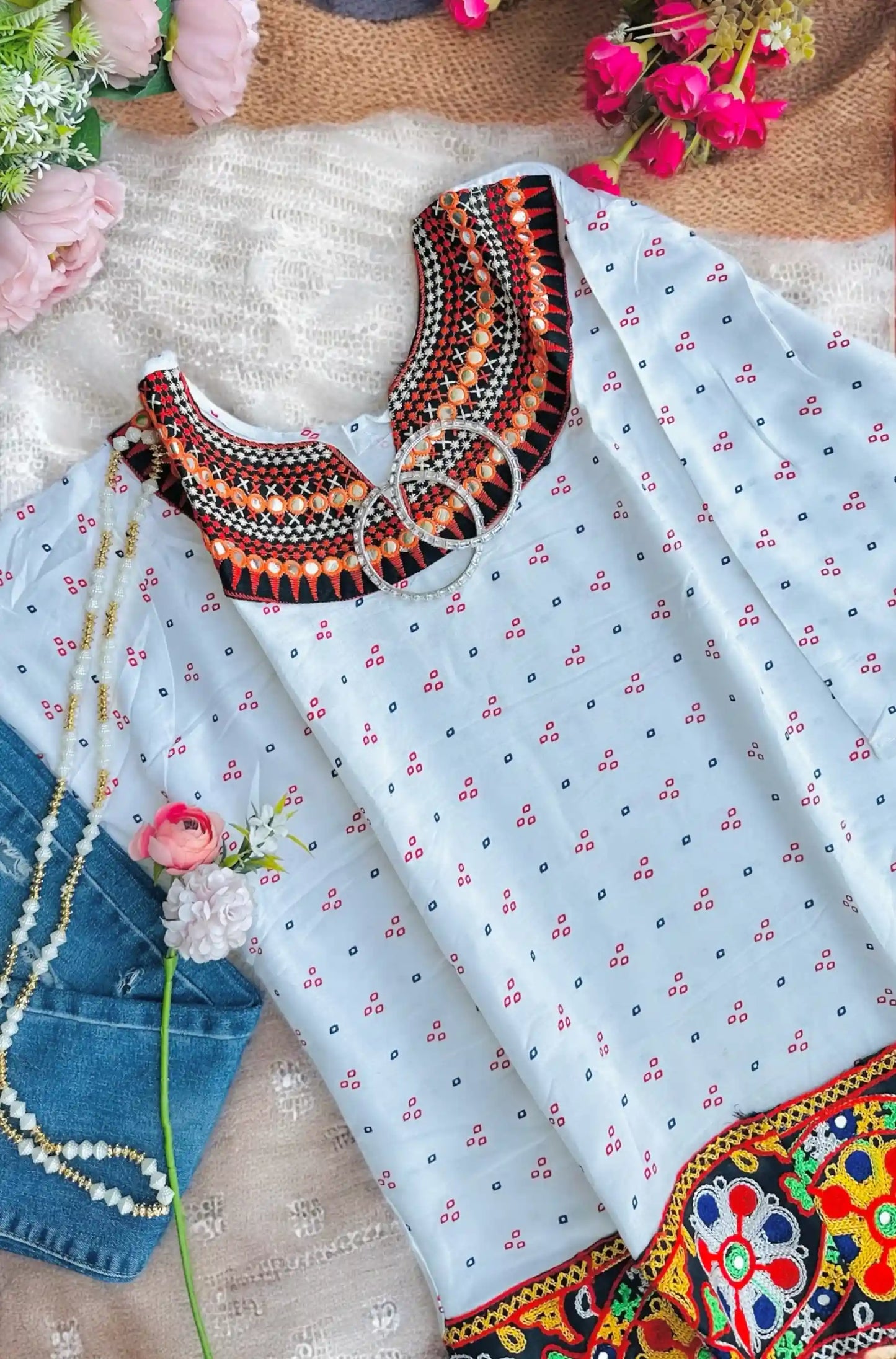 Gold White Bandhej Short Kurta