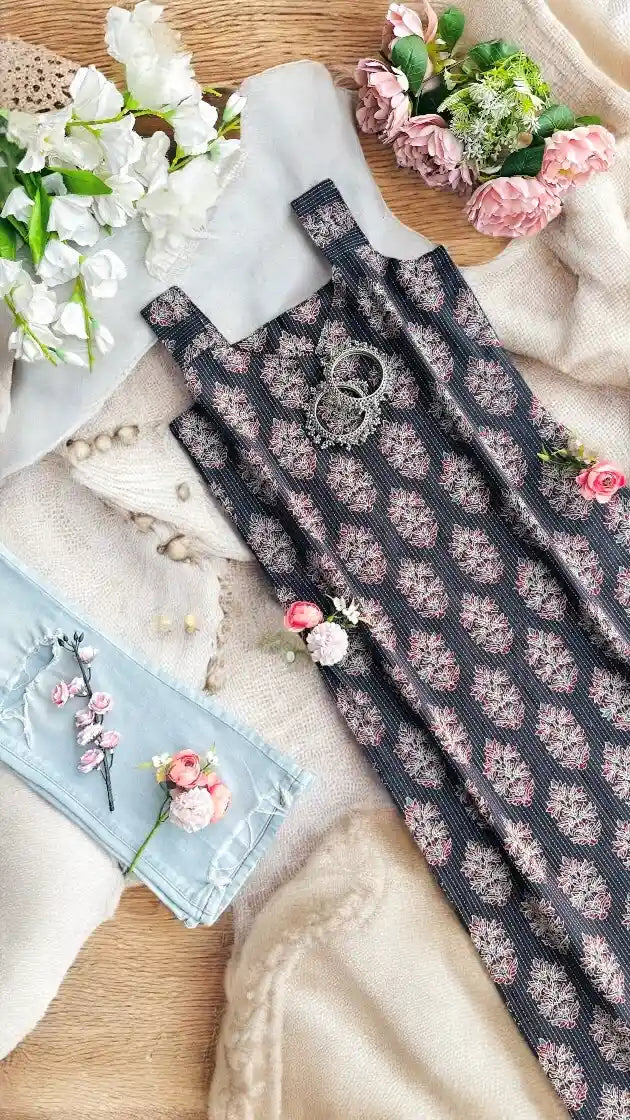 Midnight Bloom Block Jaipuri Kurta