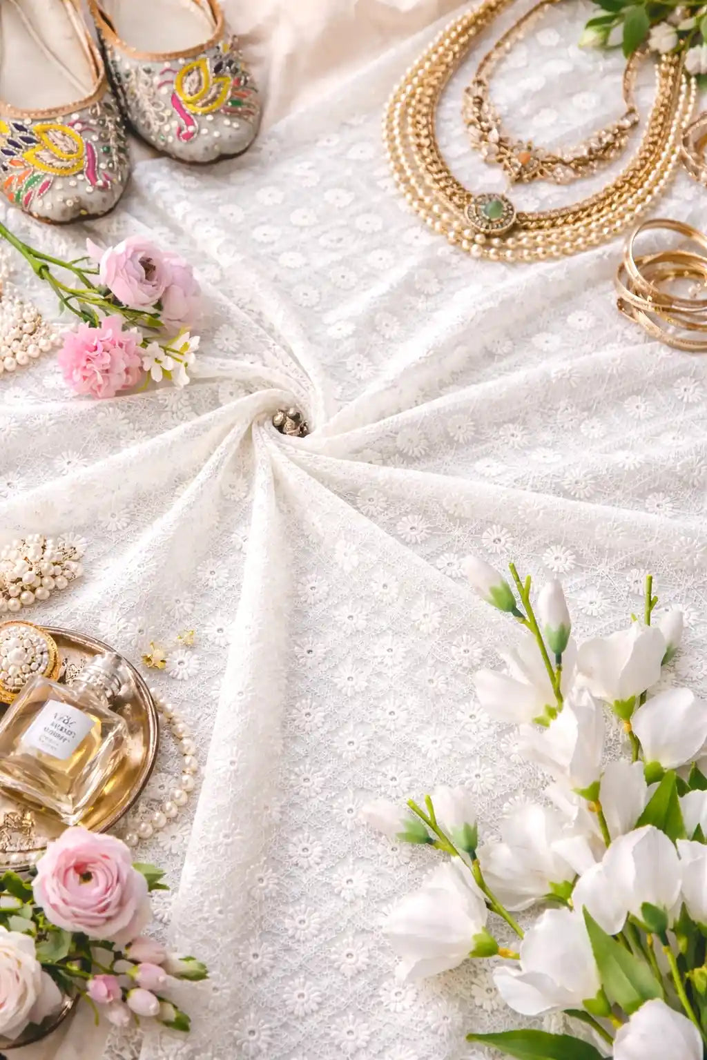 Crimson Cream Gulnaz Embroidered Fabric Cut