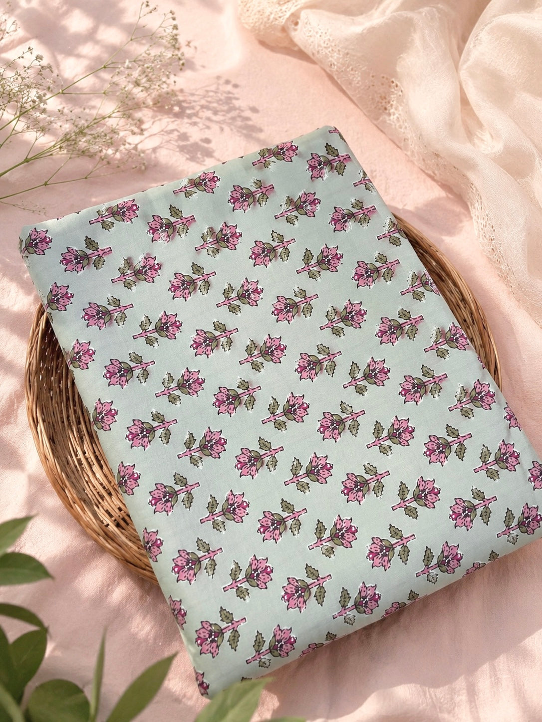 Mint Green Floral Buti Cotton Fabric Cut