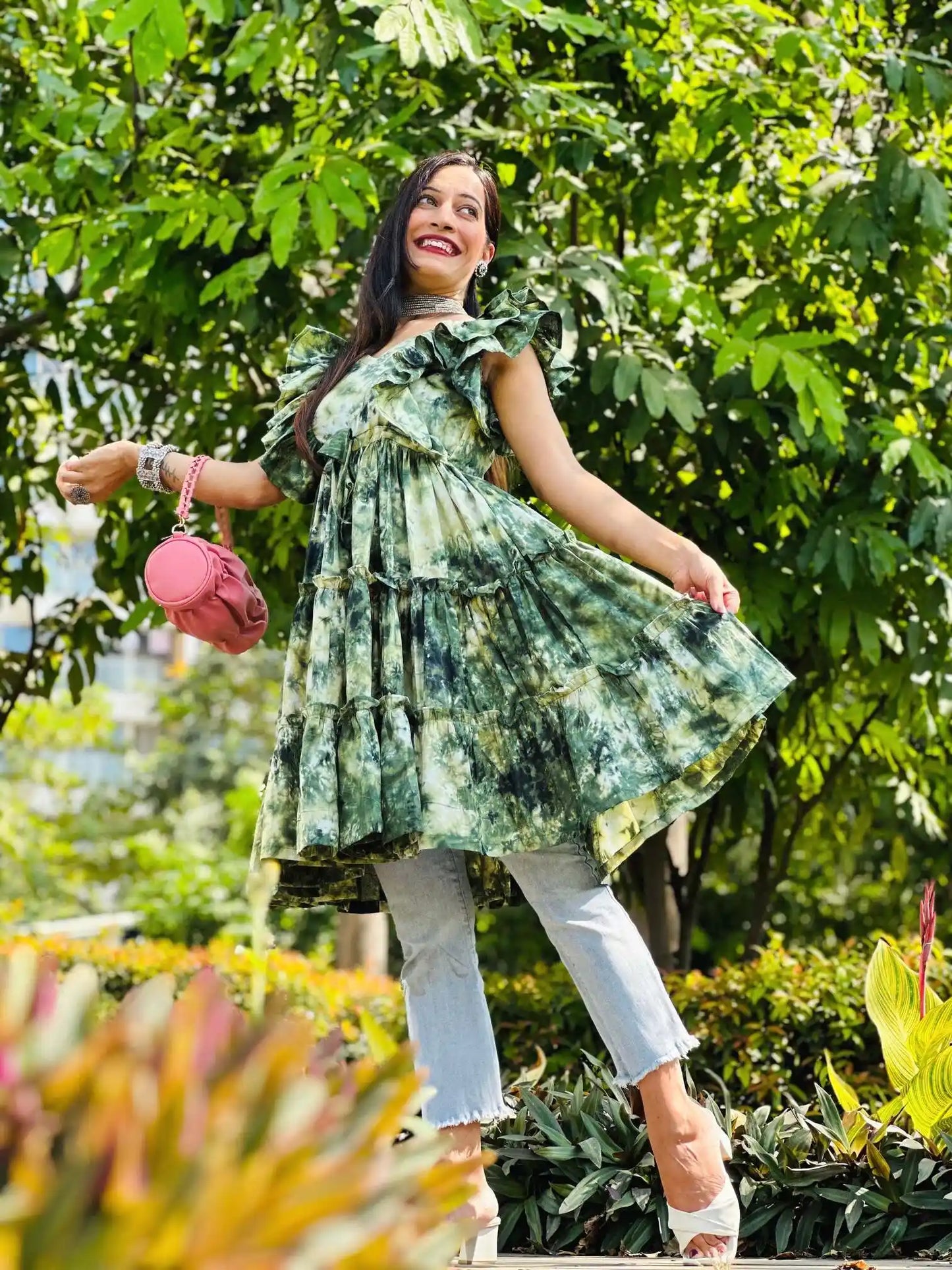 Tie Dye Green Gulnaz Frill Kurta