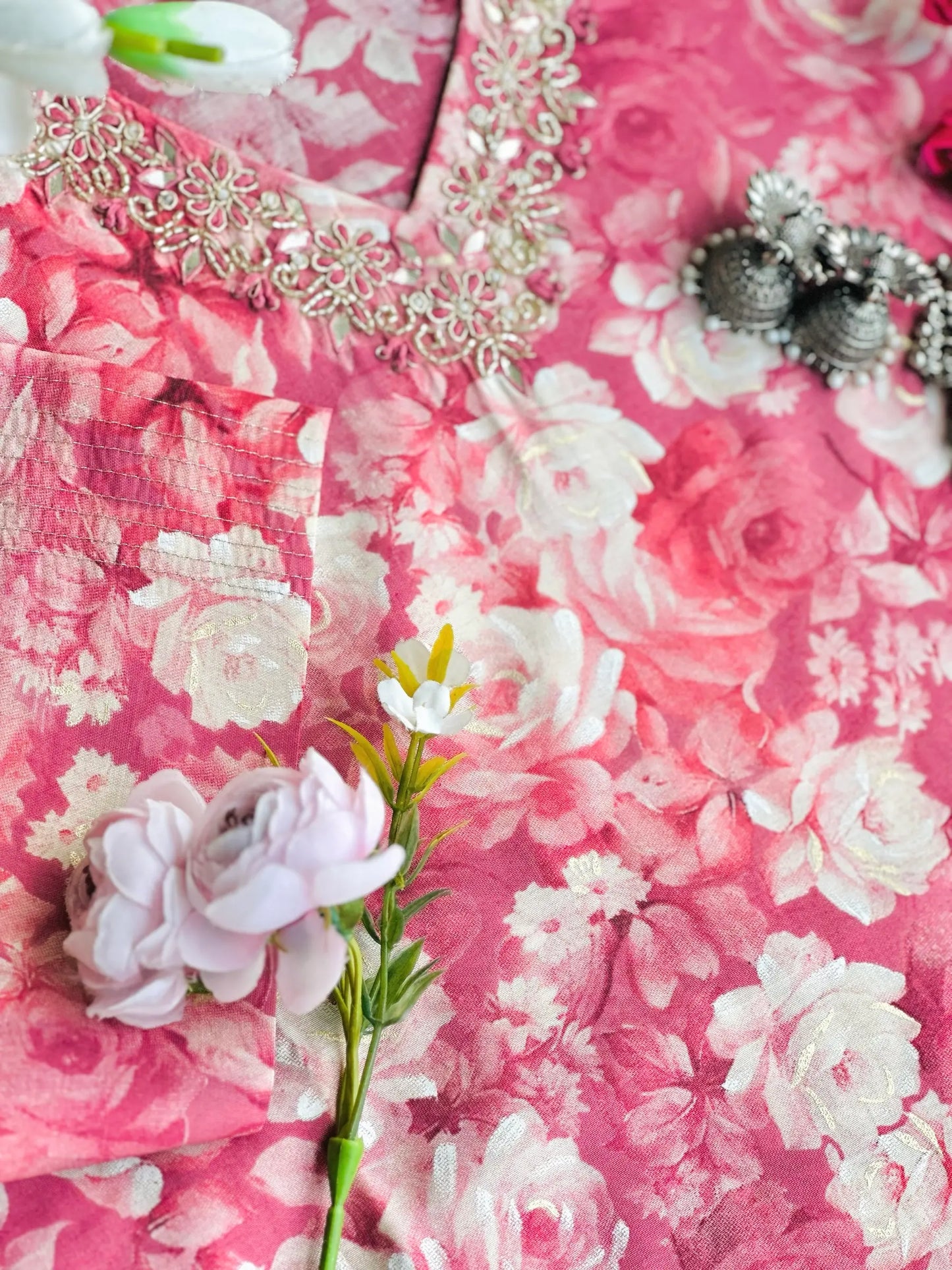 Scarlet Peach Floral Embroidered Suit Set