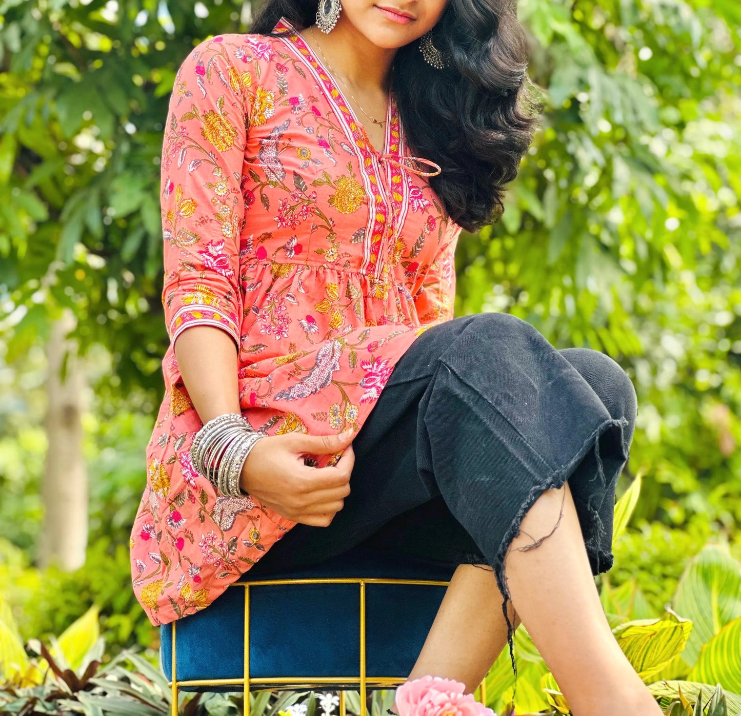 Pretty Peach Kalamkari Short Denim Kurta