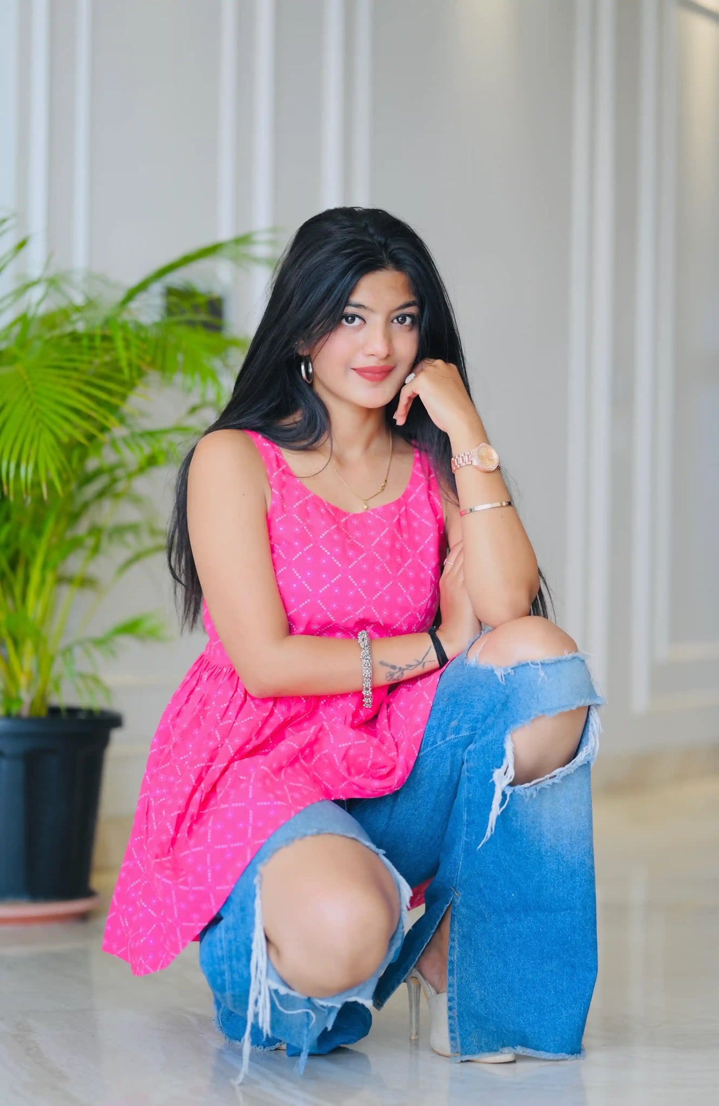 Pink Bandhej Jaipuri Short Top