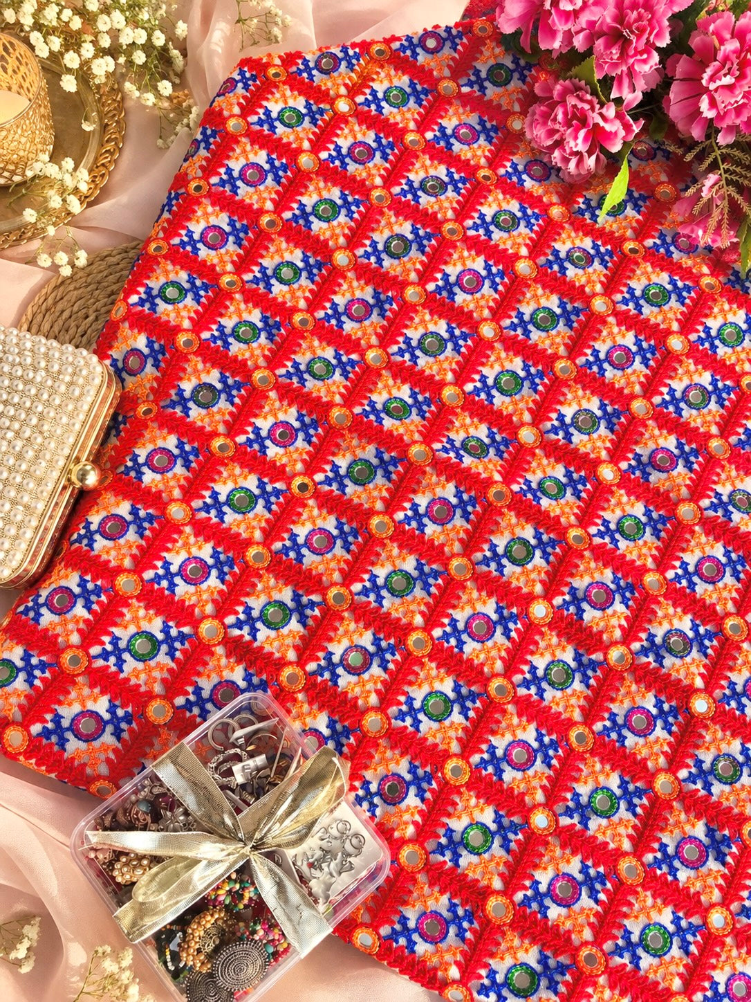 White Red Multicolor Traditional Embroidered Fabric Cut