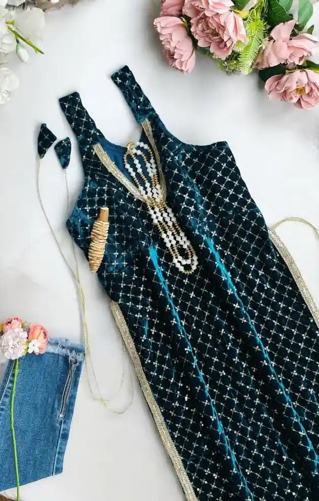 Fine Turquiose Velvet Slit Kurta