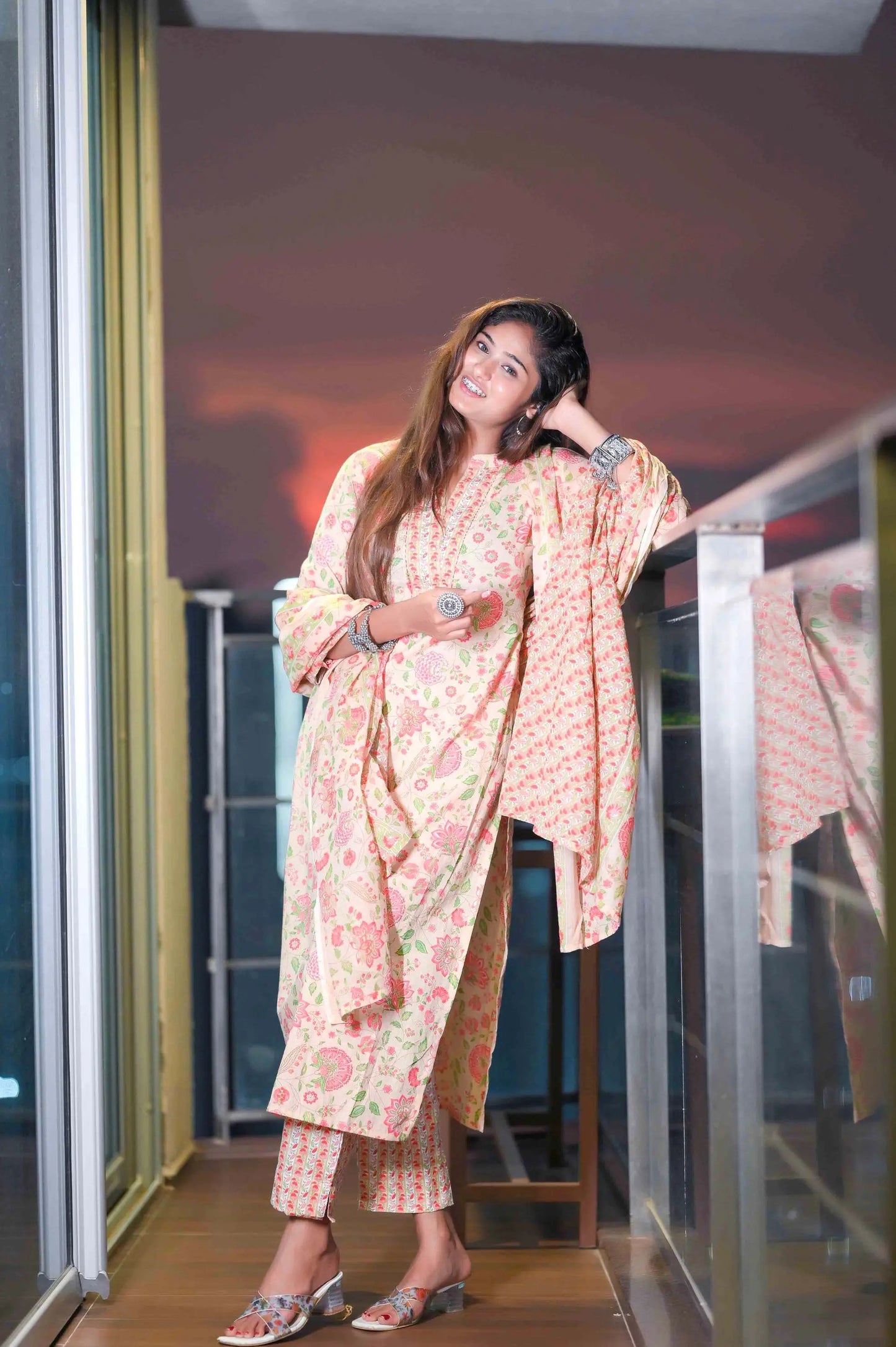 Beige Embroidered Meher MulMul Suit Set