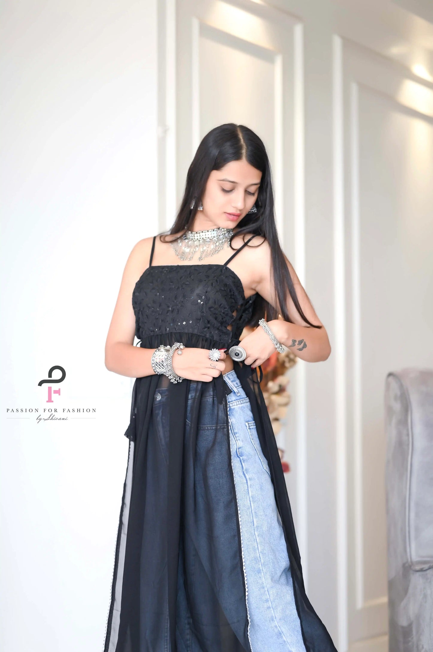 Smoky Black Gulnaz Embroidered Kurta