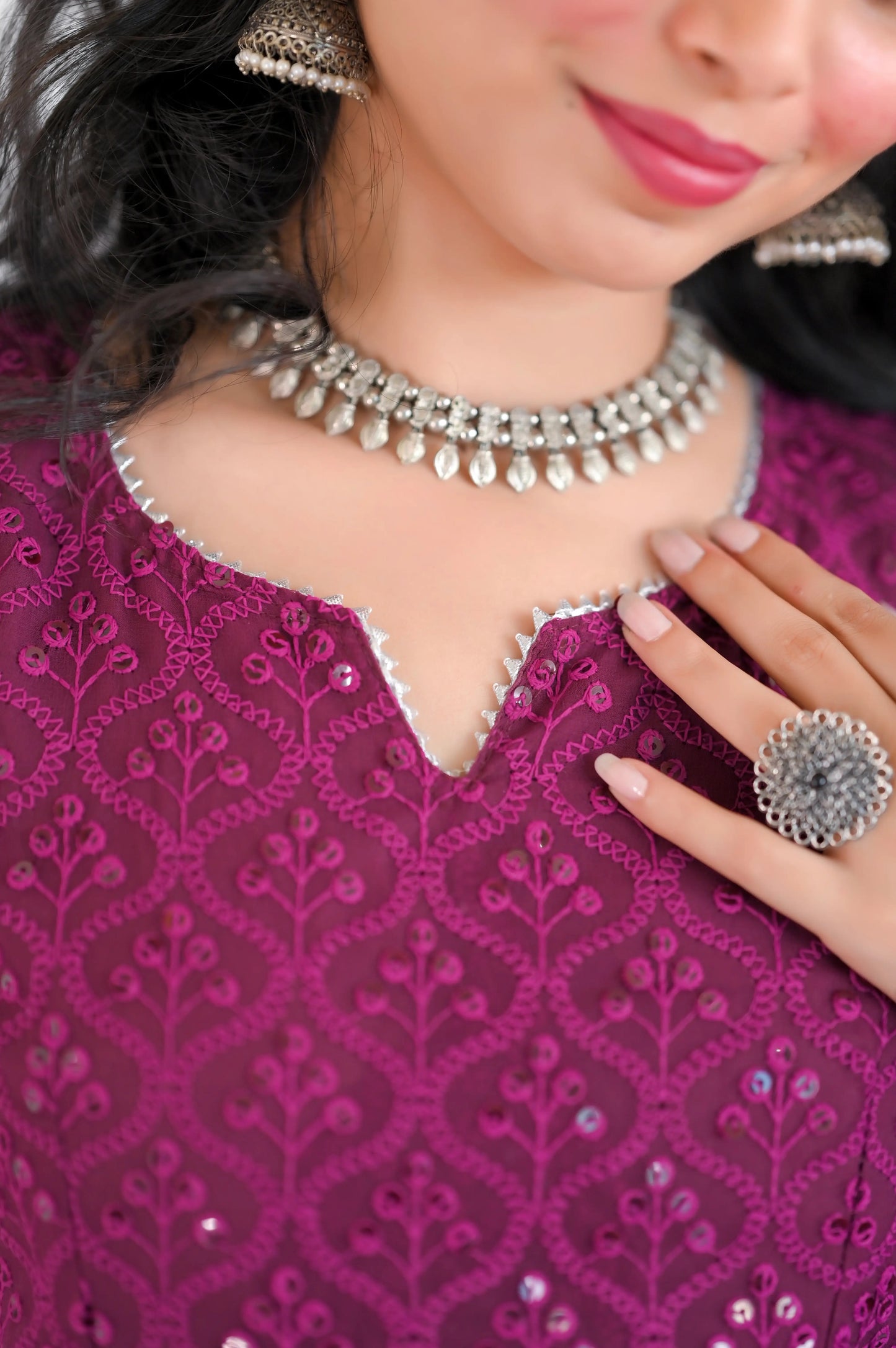 Fine Wine Embroidered Frill Gulnaz Kurta