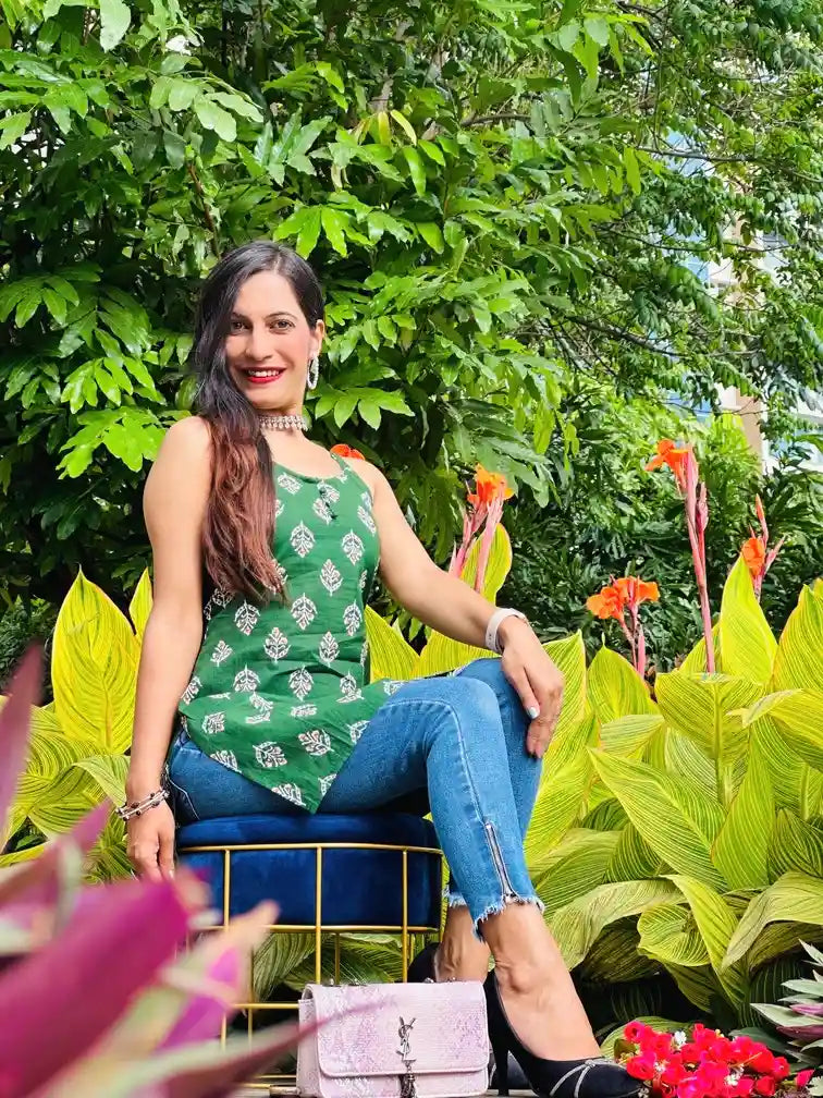 Dark Green Block Print Short Kurta
