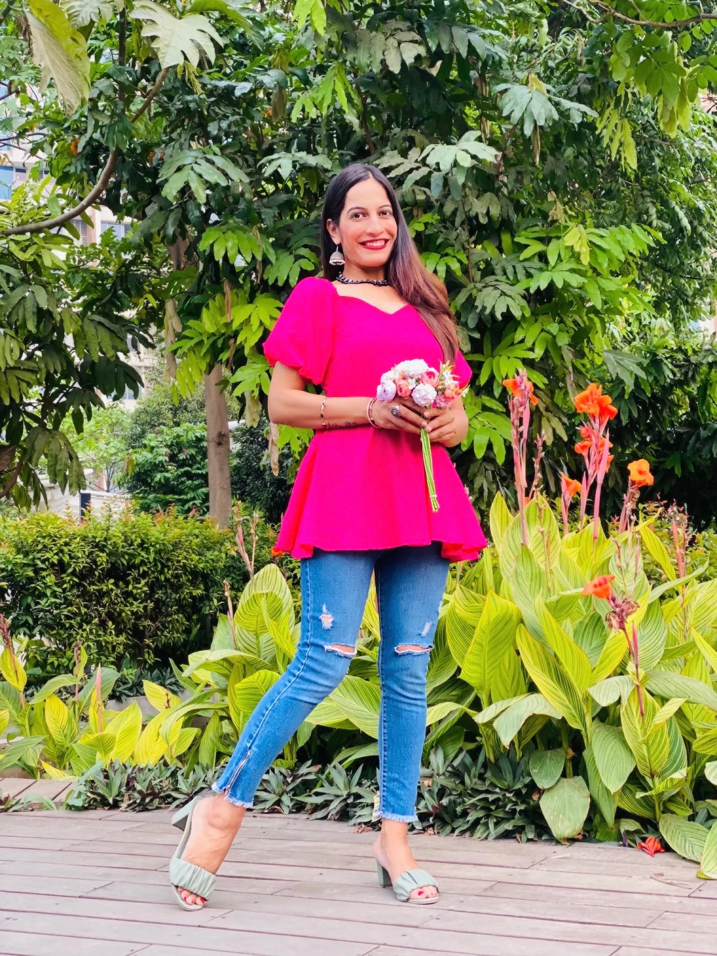 Hot Pink Puff Gulnaz Peplum Top