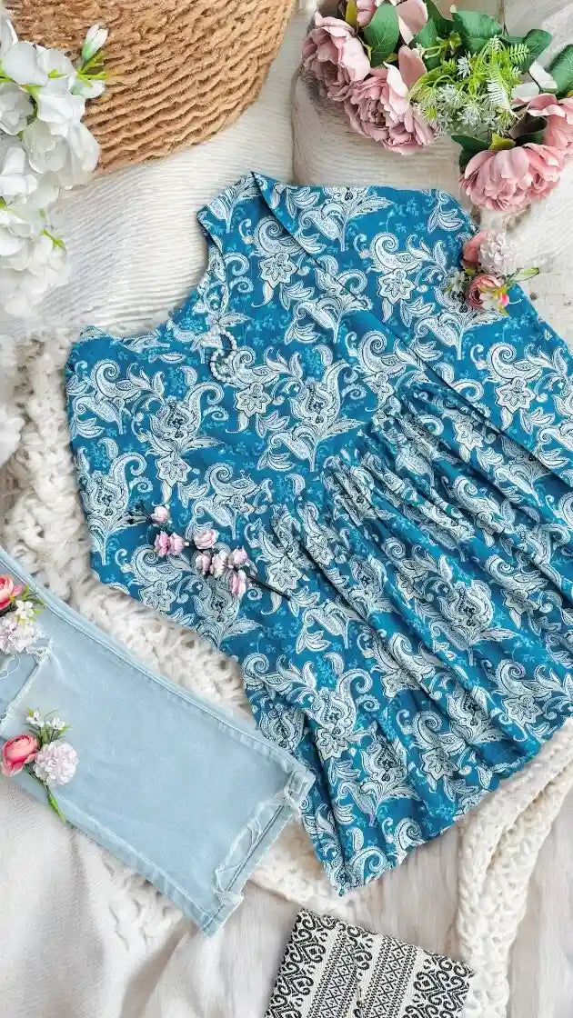 Blue Kalamkari Jaipuri Short Top