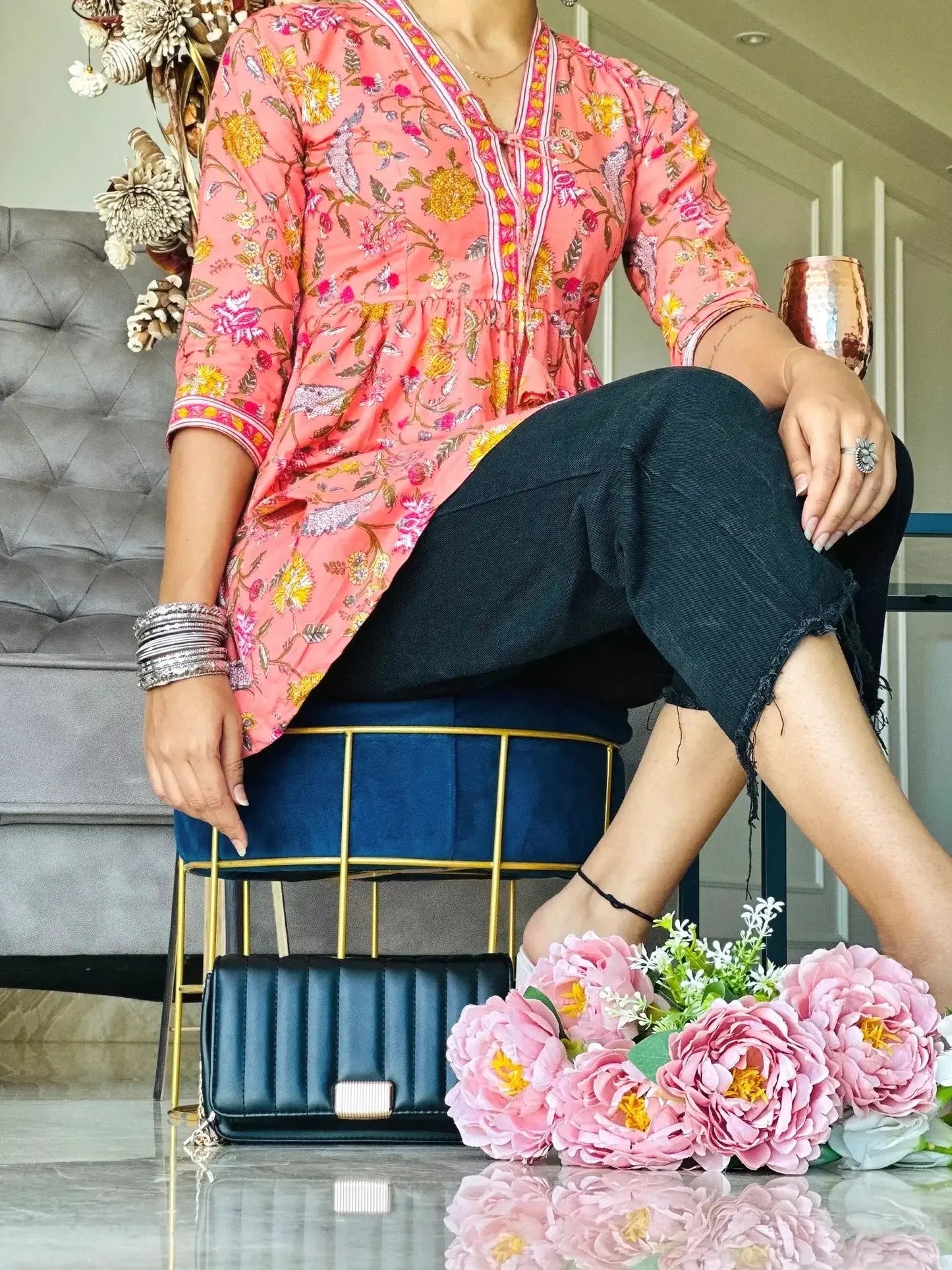 Pretty Peach Kalamkari Short Denim Kurta - Passion for Fashion by Shivani