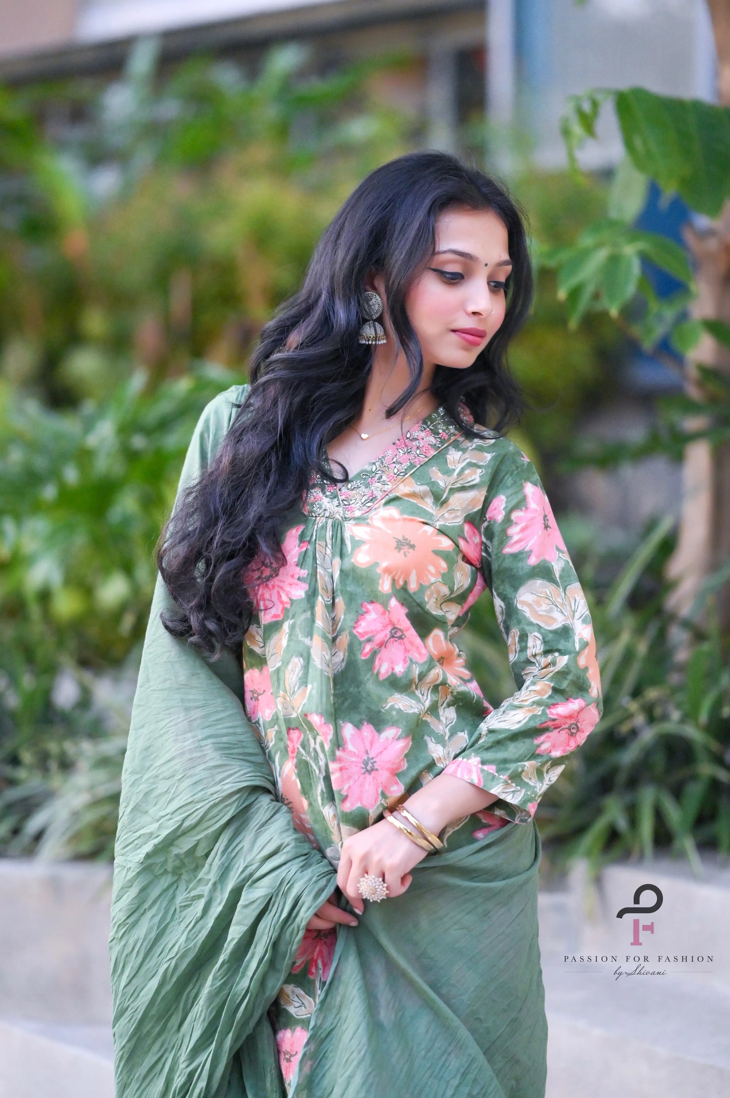 Meher Green Embroidered Floral Suit Set