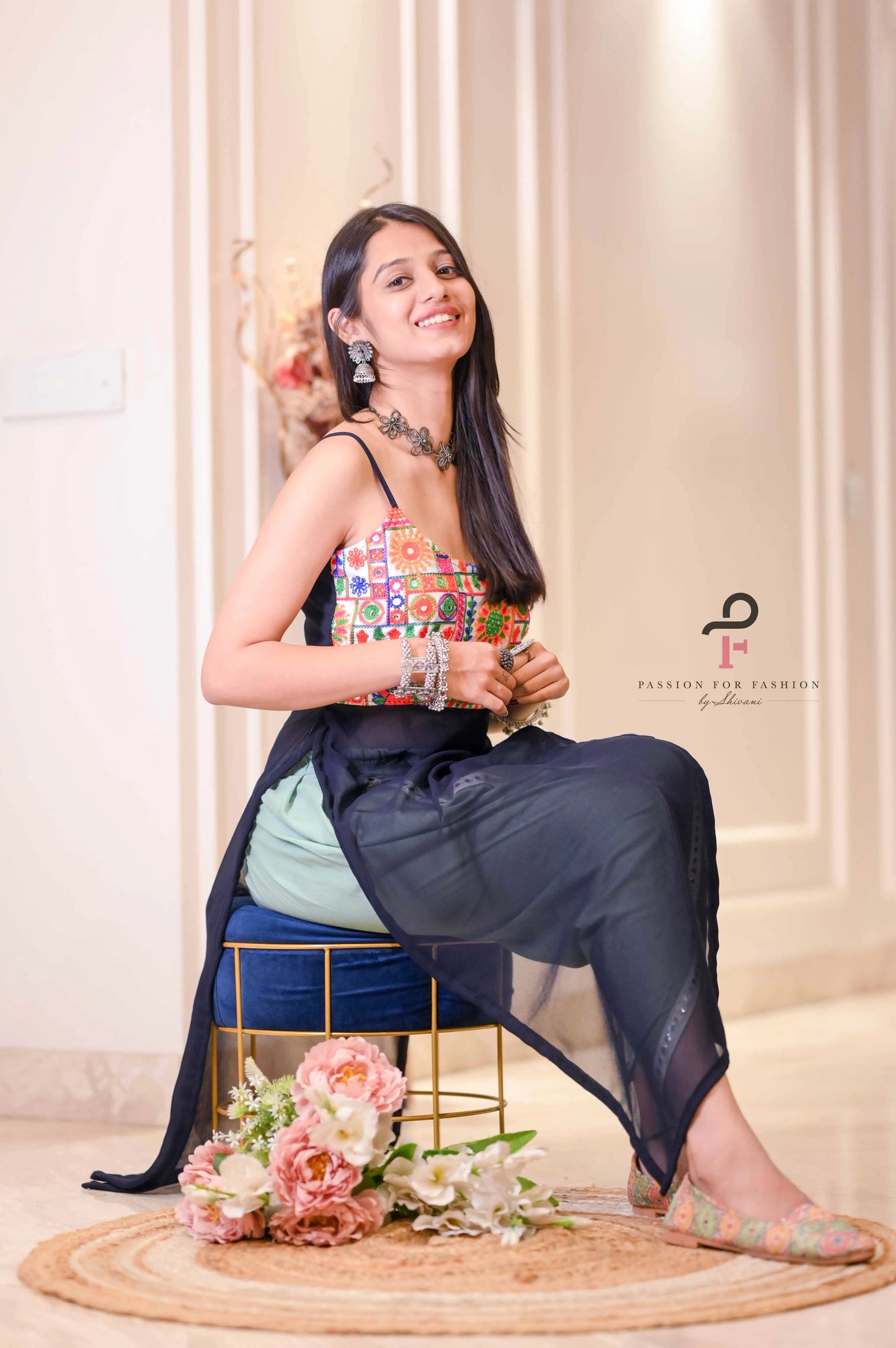 Monochrome Blue Gamti Embroidered Gulnaz Kurta