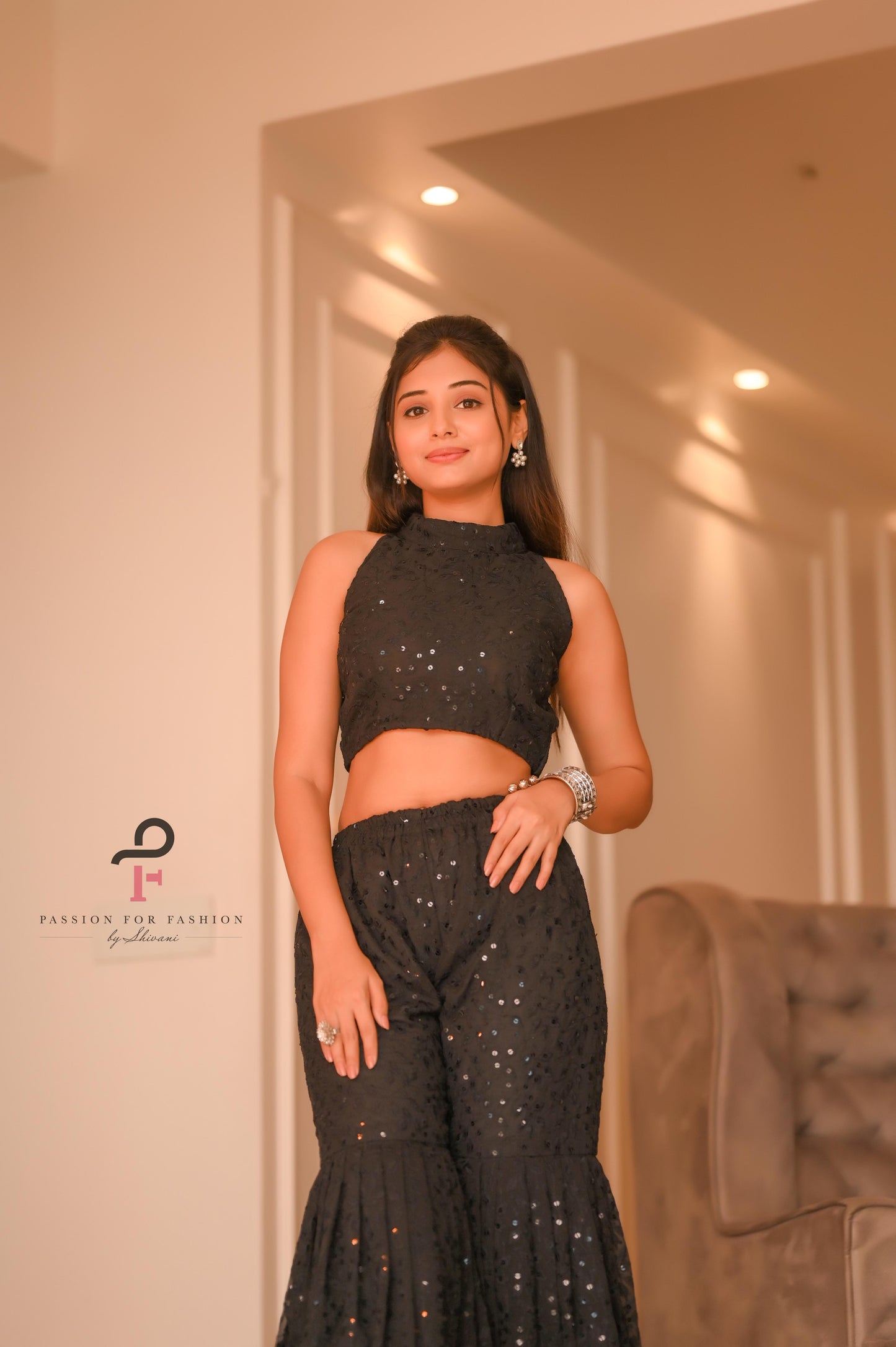 Midnight Leafy Black Sharara Set