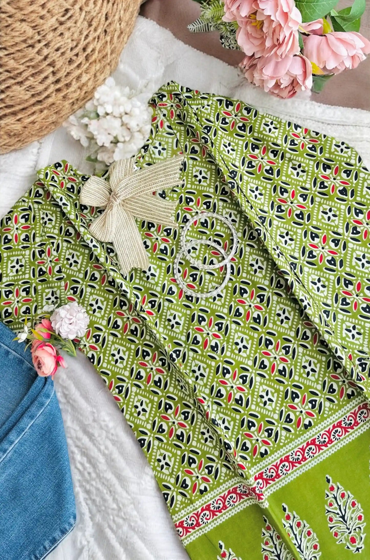 Green Handprinted Short Kurta
