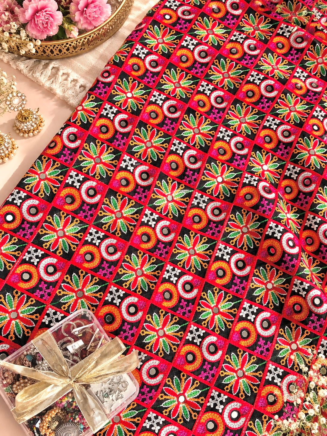 Black Multicolor Traditional Embroidered Mirror Work Fabric Cut