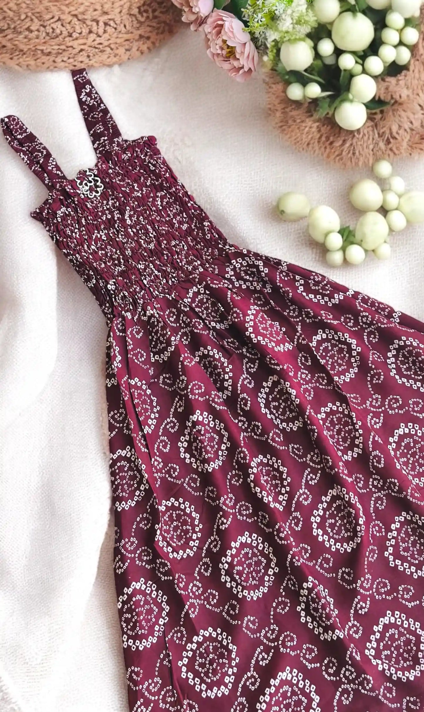 Wine Bandhej Smoky Twirl Dress