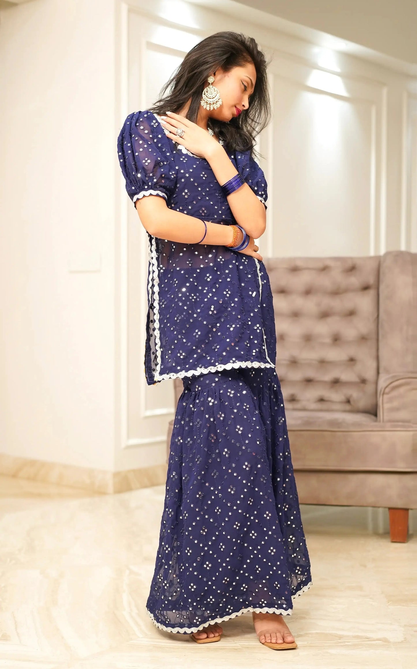 Sparkling Blue Mirror Sharara Gulnaz Set