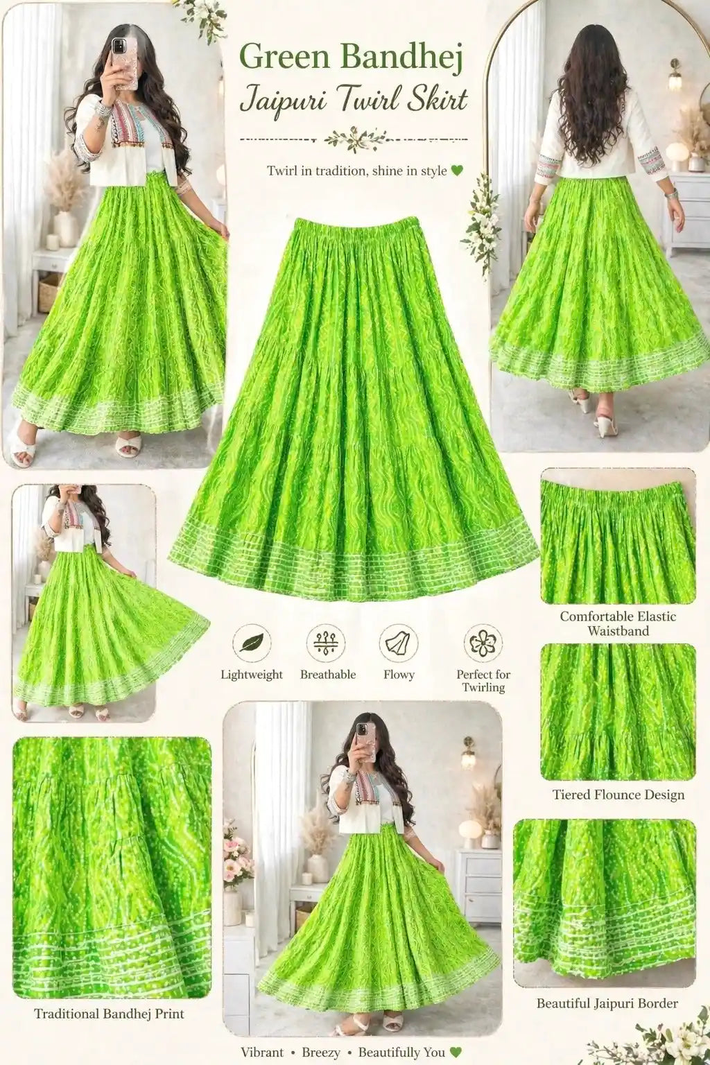 Green Bandhej Jaipuri Twirl Skirt