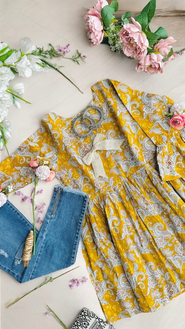 Mustard Kalamkari Jaipuri Short Top