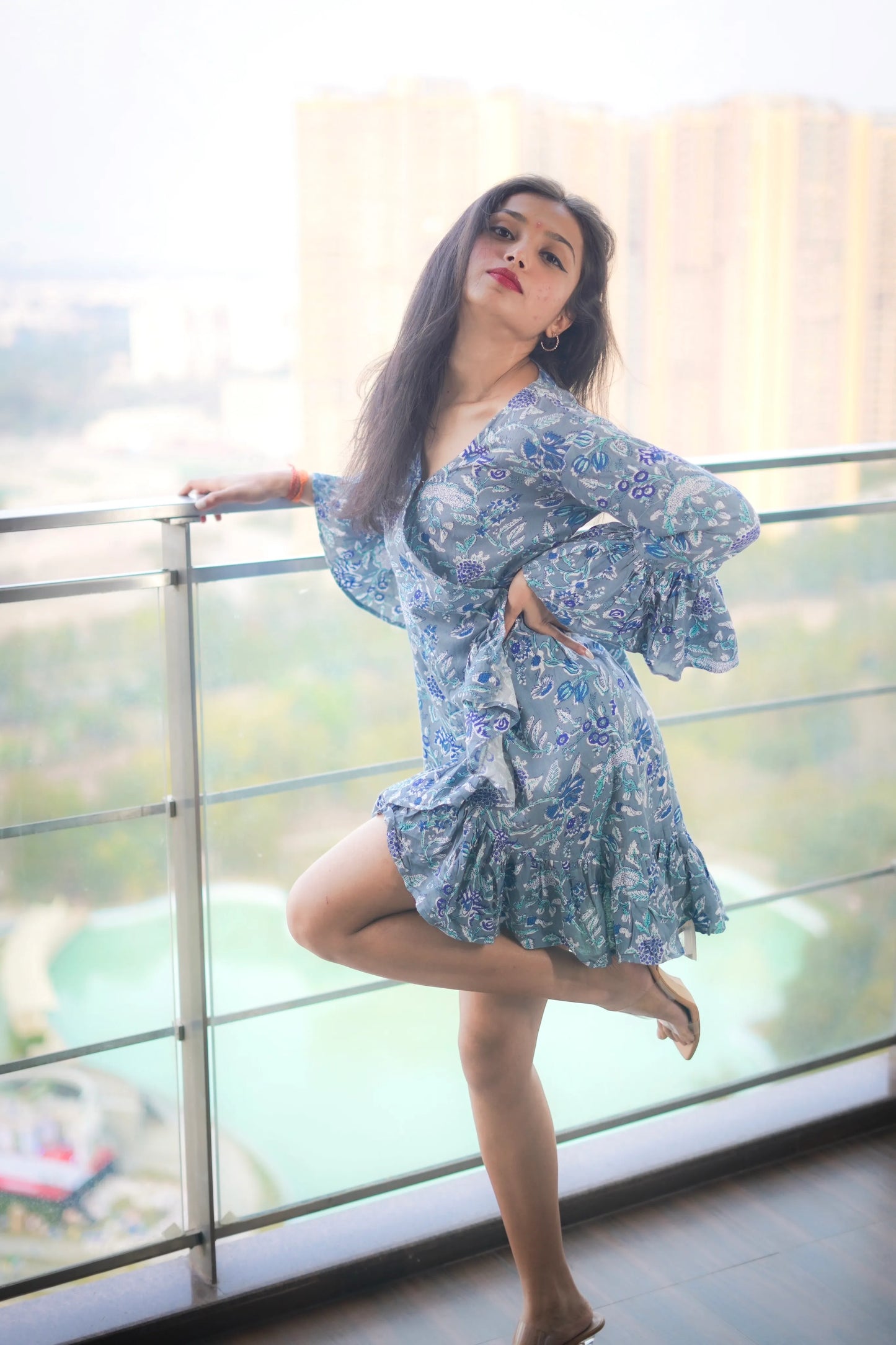 Pearl Grey Jaipuri Frill Twirl Dress