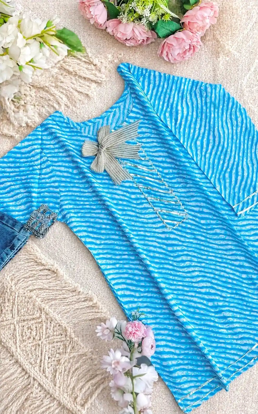 Blush Blue Lehriya Jaipuri Short Kurta