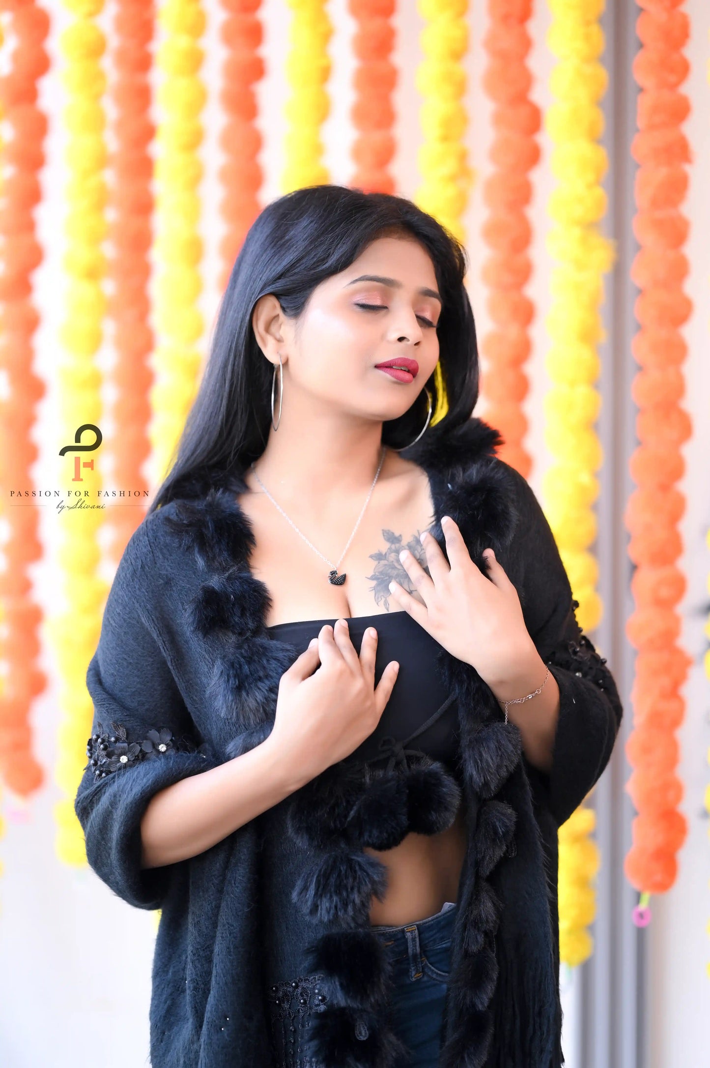 Black Fur Pom Pom Shrug