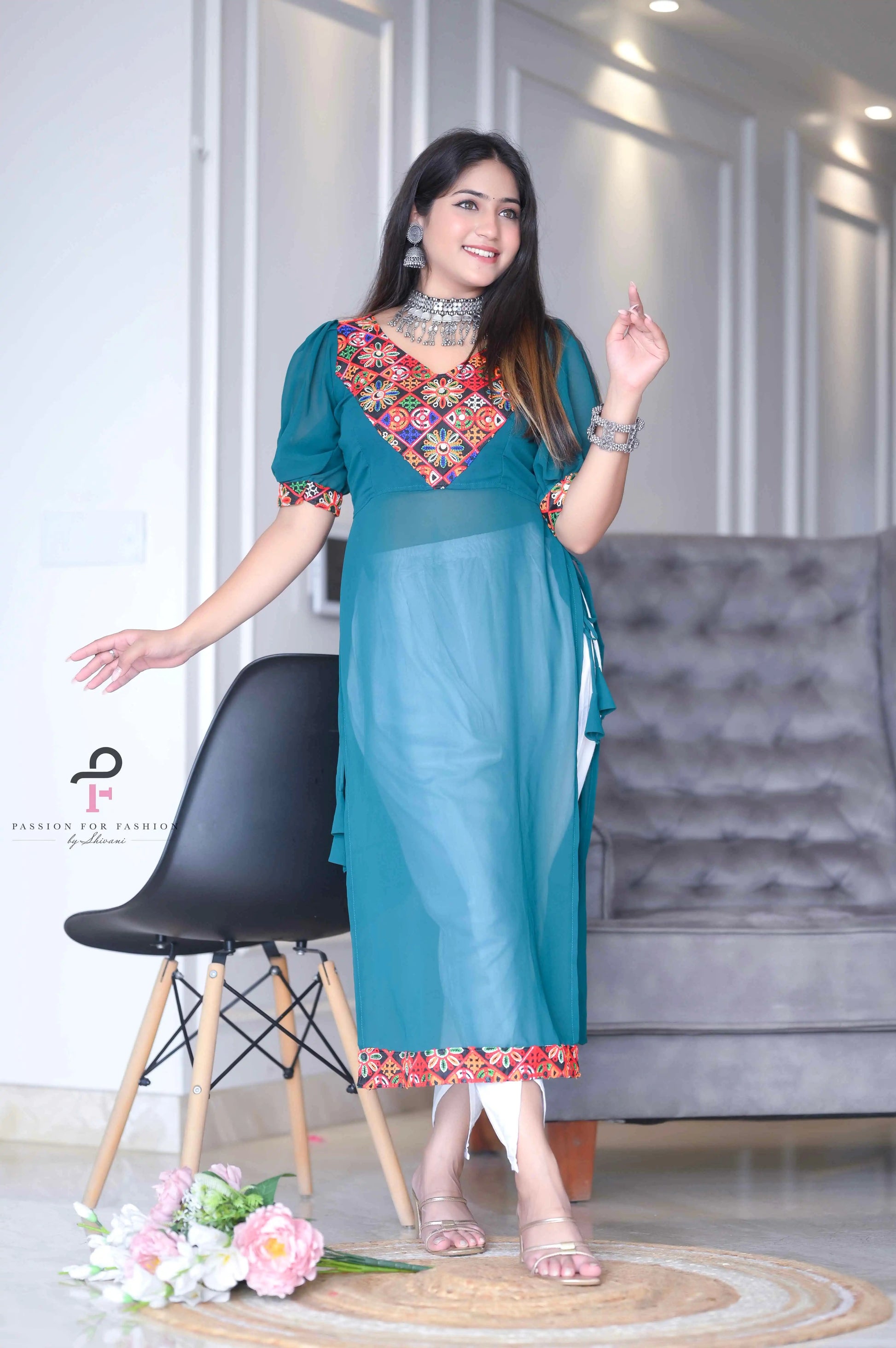 Khoobsurat Turquoise Gamti Gulnaz Kurta - Passion for Fashion by Shivani