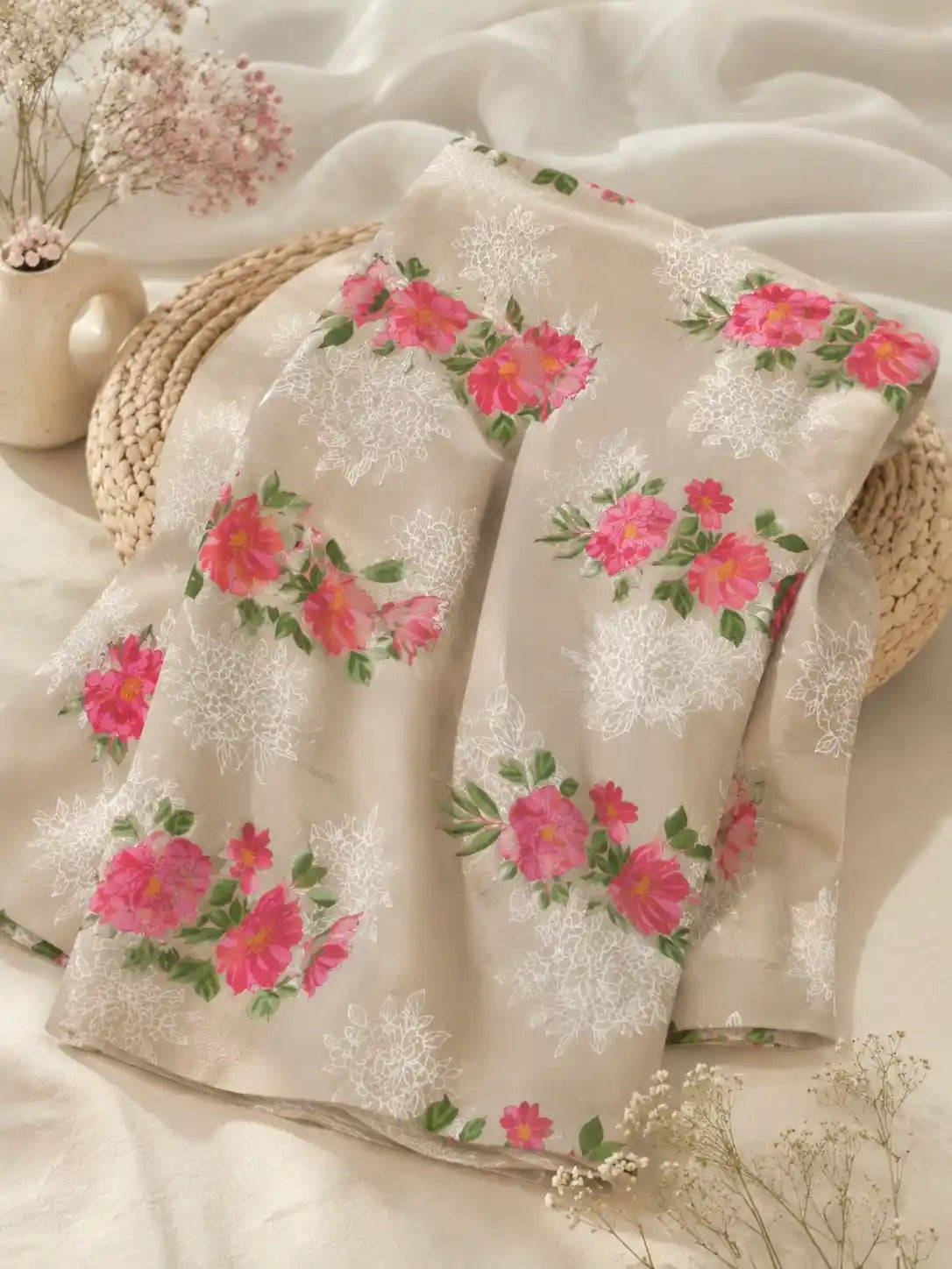 Pink Bouquet Print Cotton Fabric Cut
