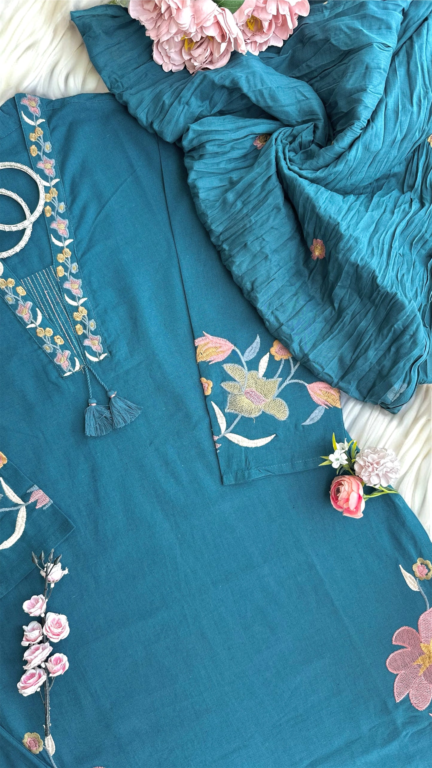 Meher Teal Bloom Embroidered Suit