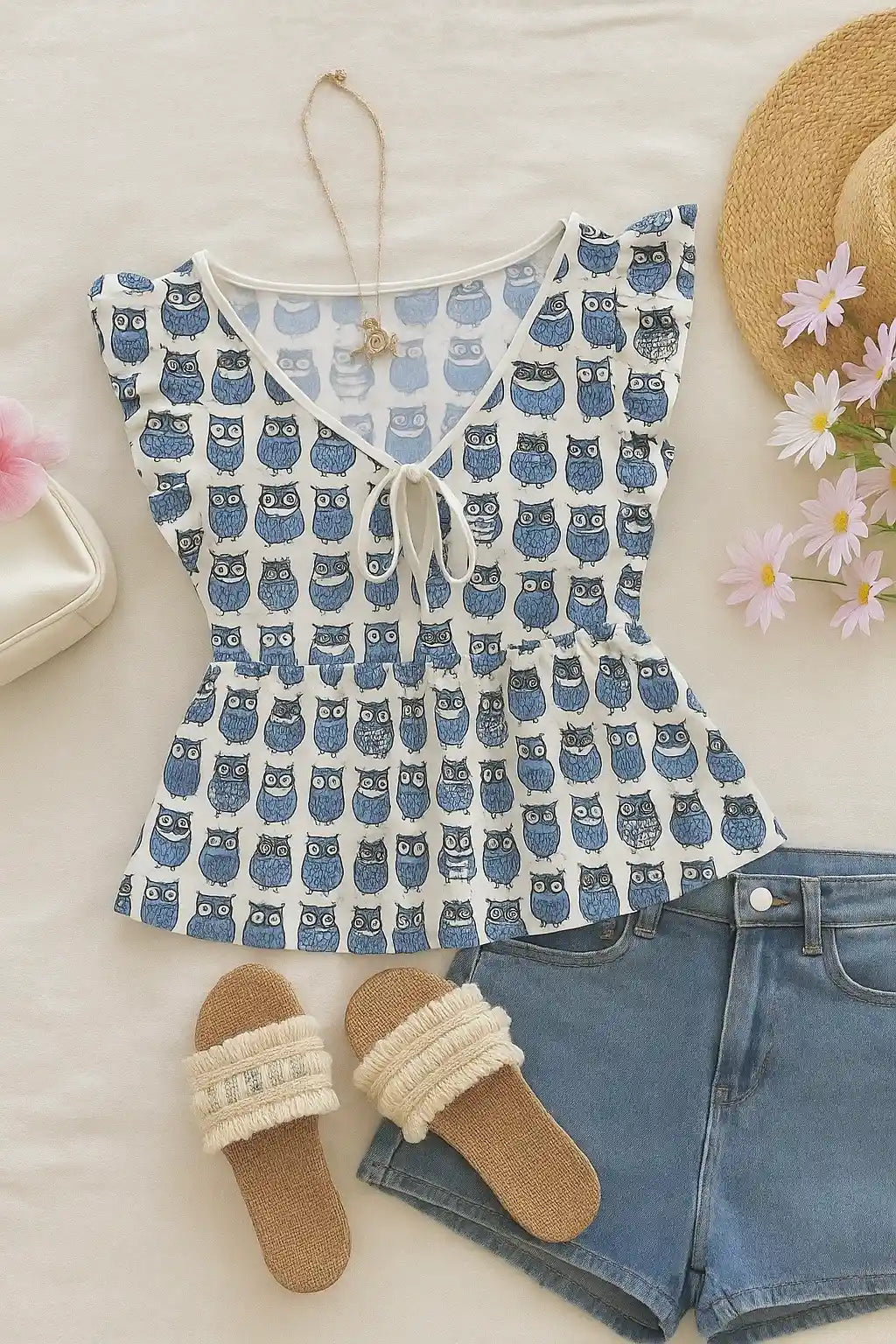 Blue Owl Print Peplum Top