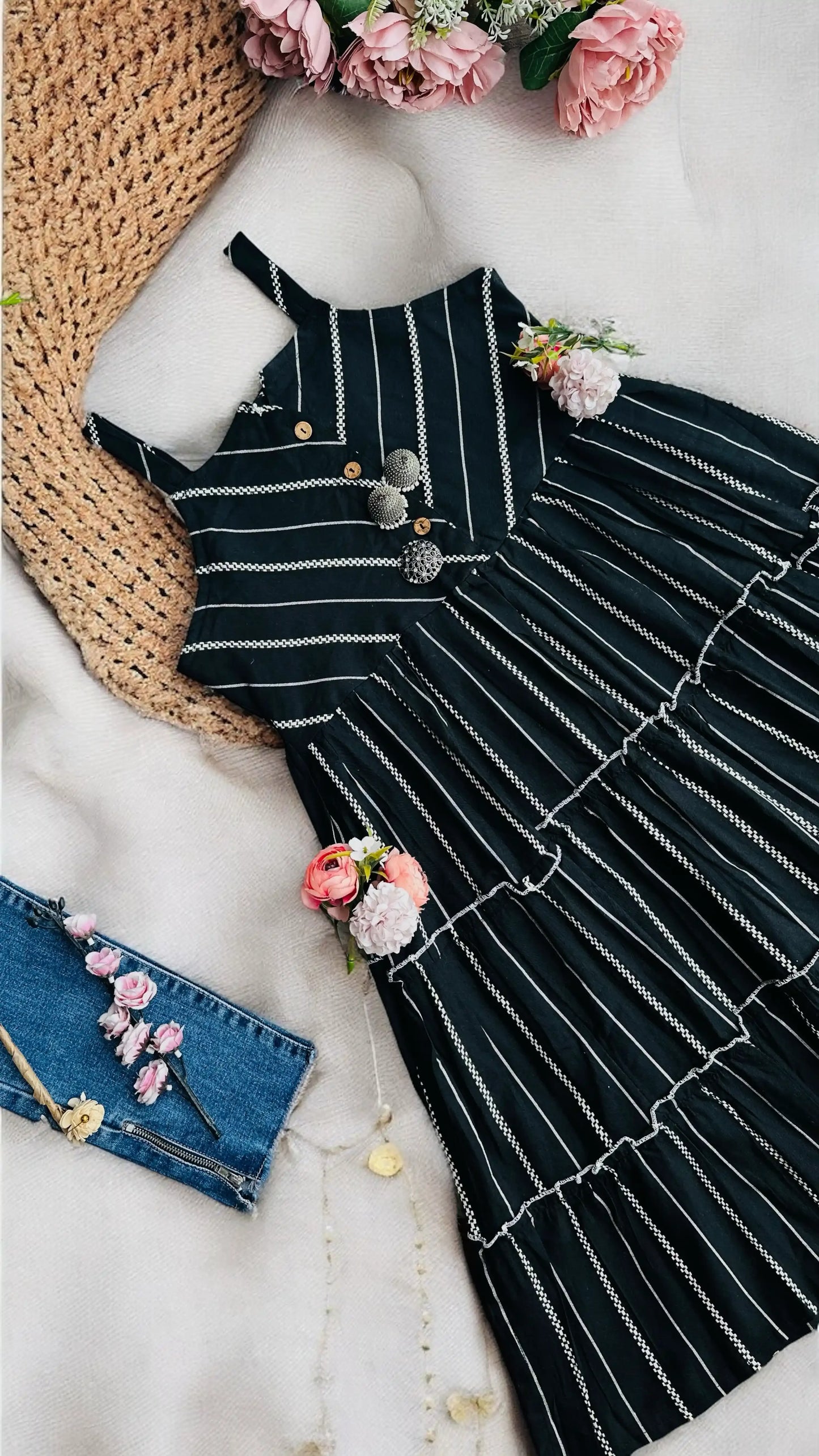 Black Stripe Denim Frill Kurta - Passion for Fashion by Shivani