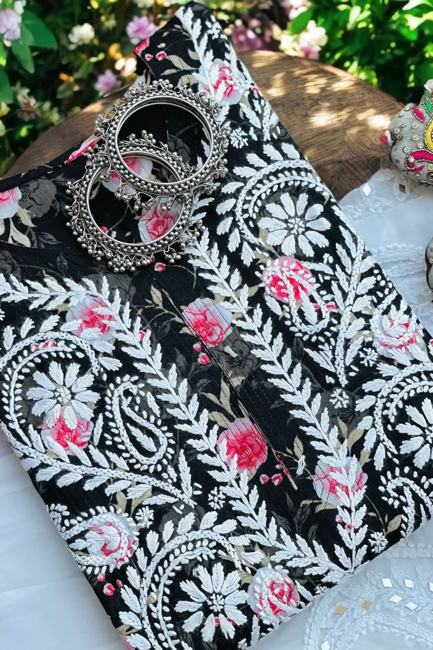 Floral Black Fanah Mul Chikankari