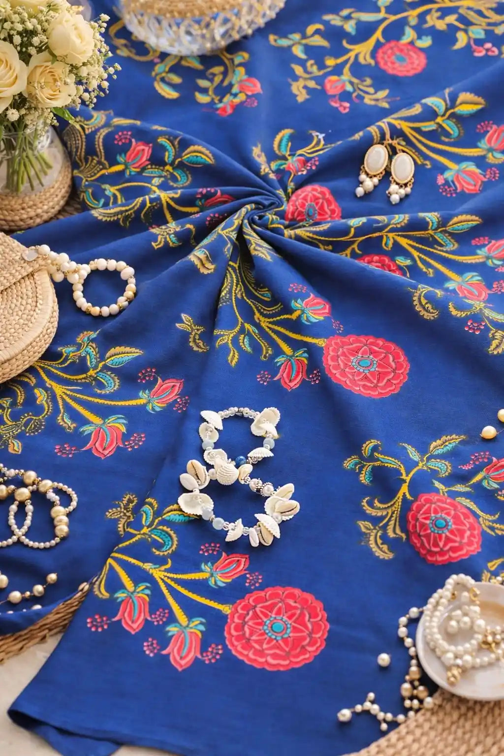 Sapphire Blue Block Rayon Fabric Cut