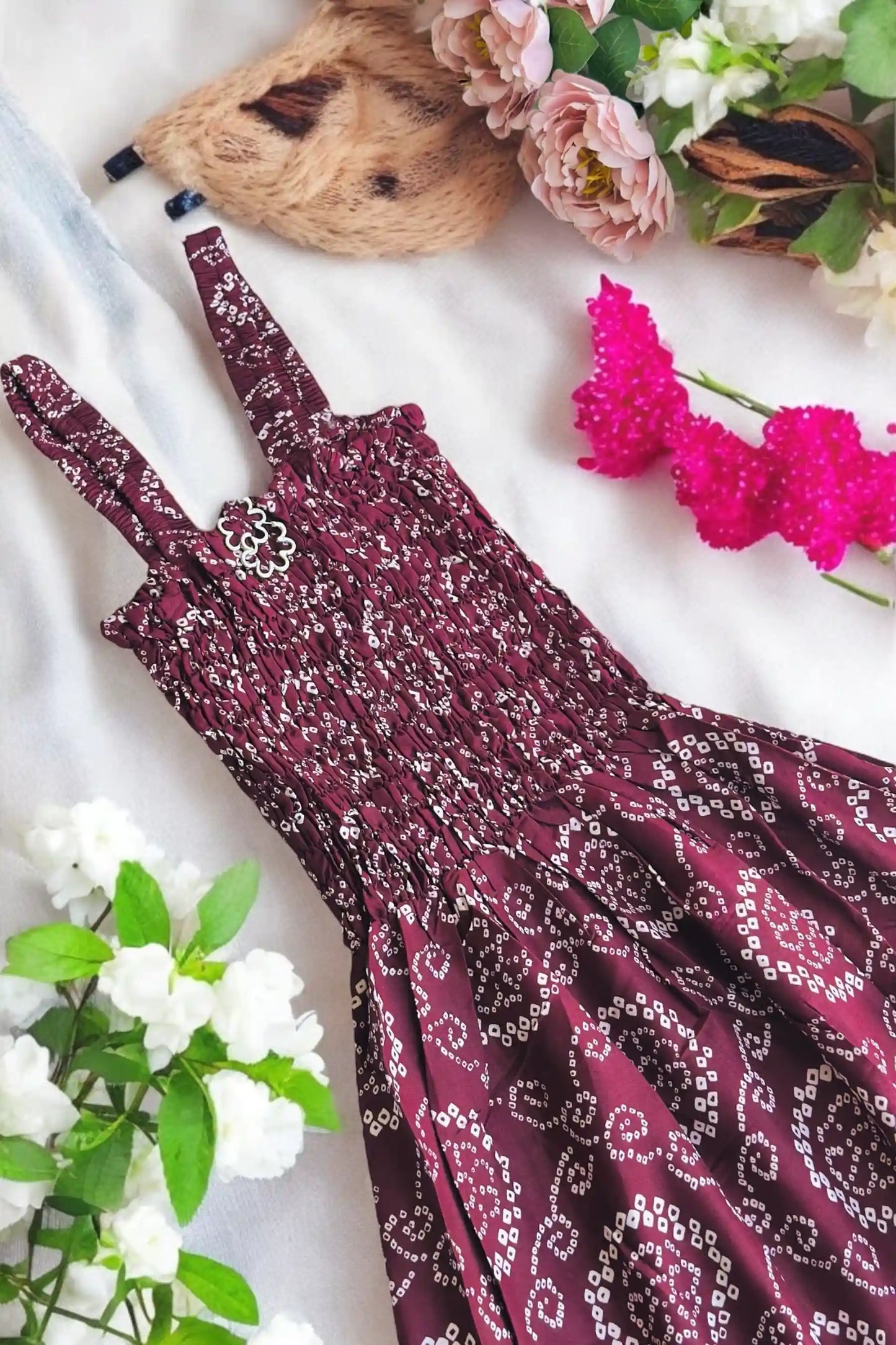 Wine Bandhej Smoky Twirl Dress