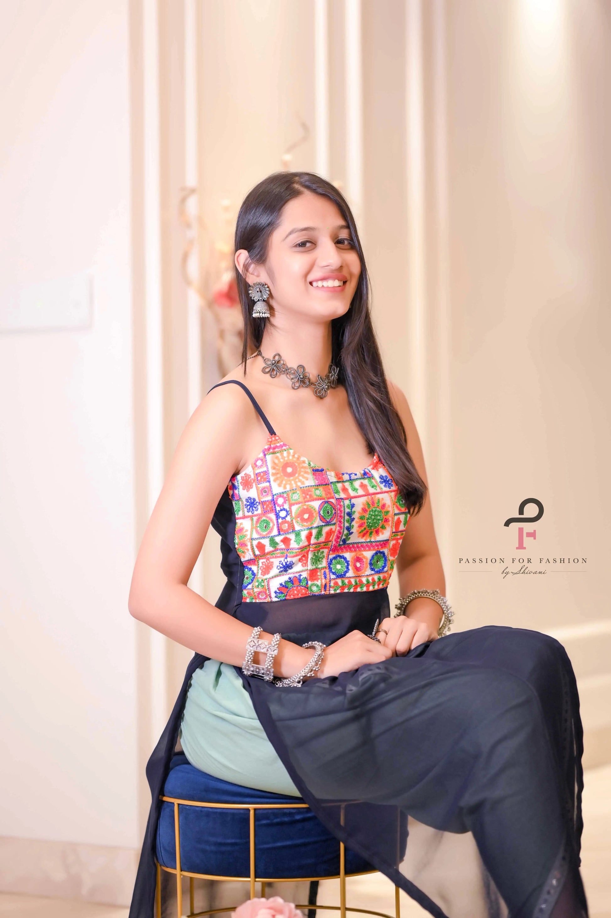 Monochrome Blue Gamti Embroidered Gulnaz Kurta - Passion for Fashion by Shivani