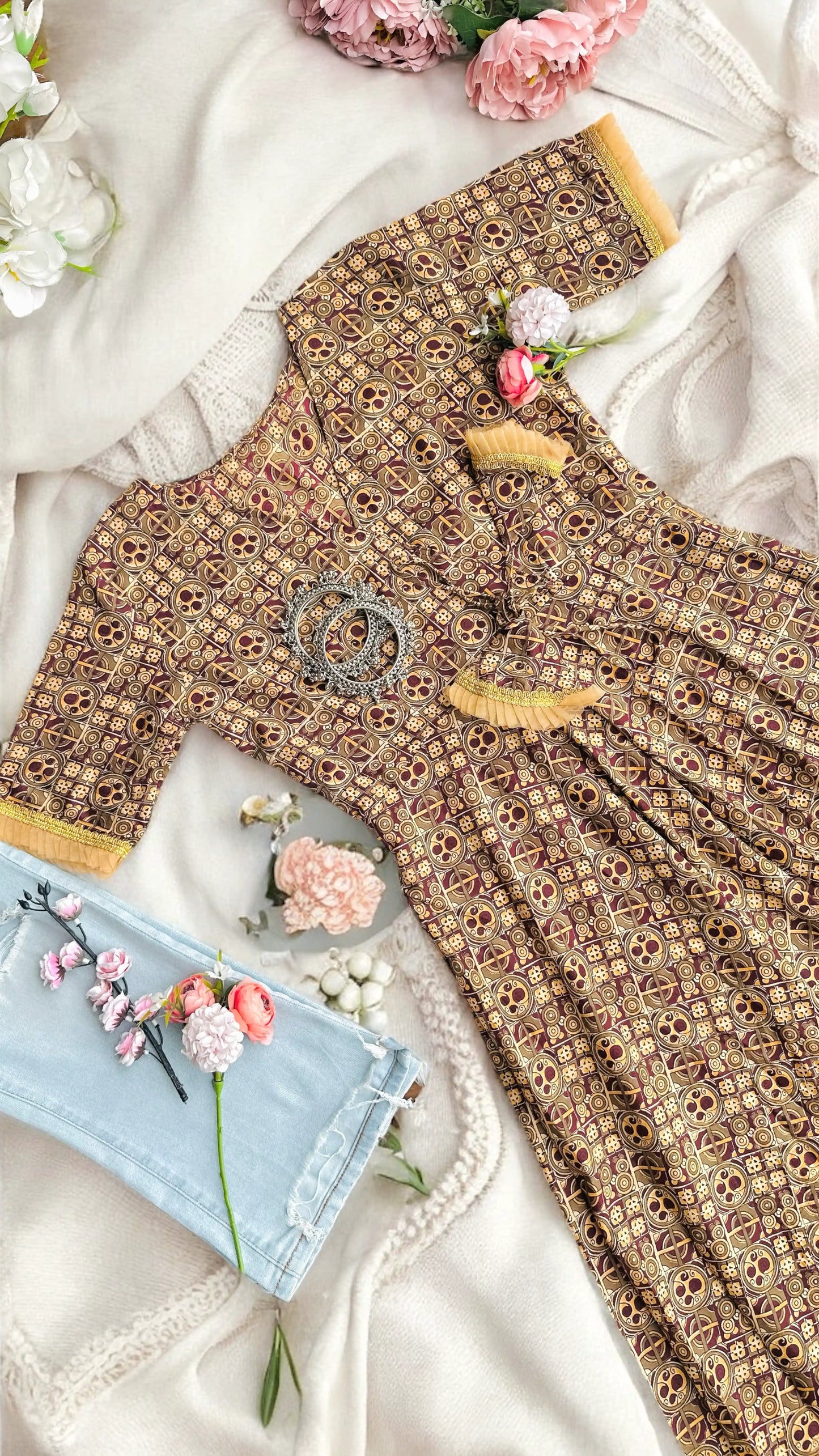 Jaipuri Handprinted Brown Gulnaz Twirl Anarkali