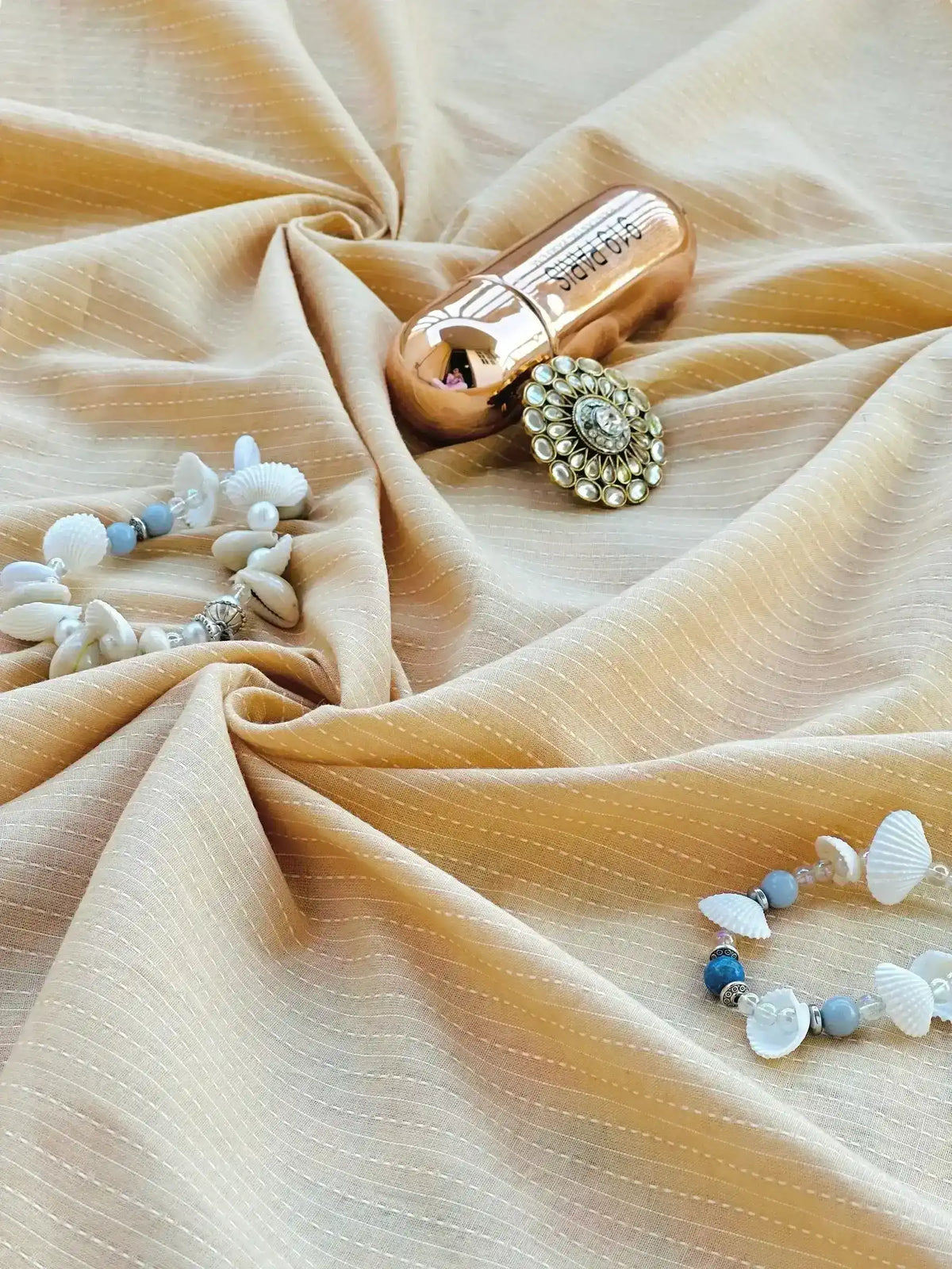 Ivory Stripe Handprinted MulMul Fabric Cut - Passion for Fashion by Shivani