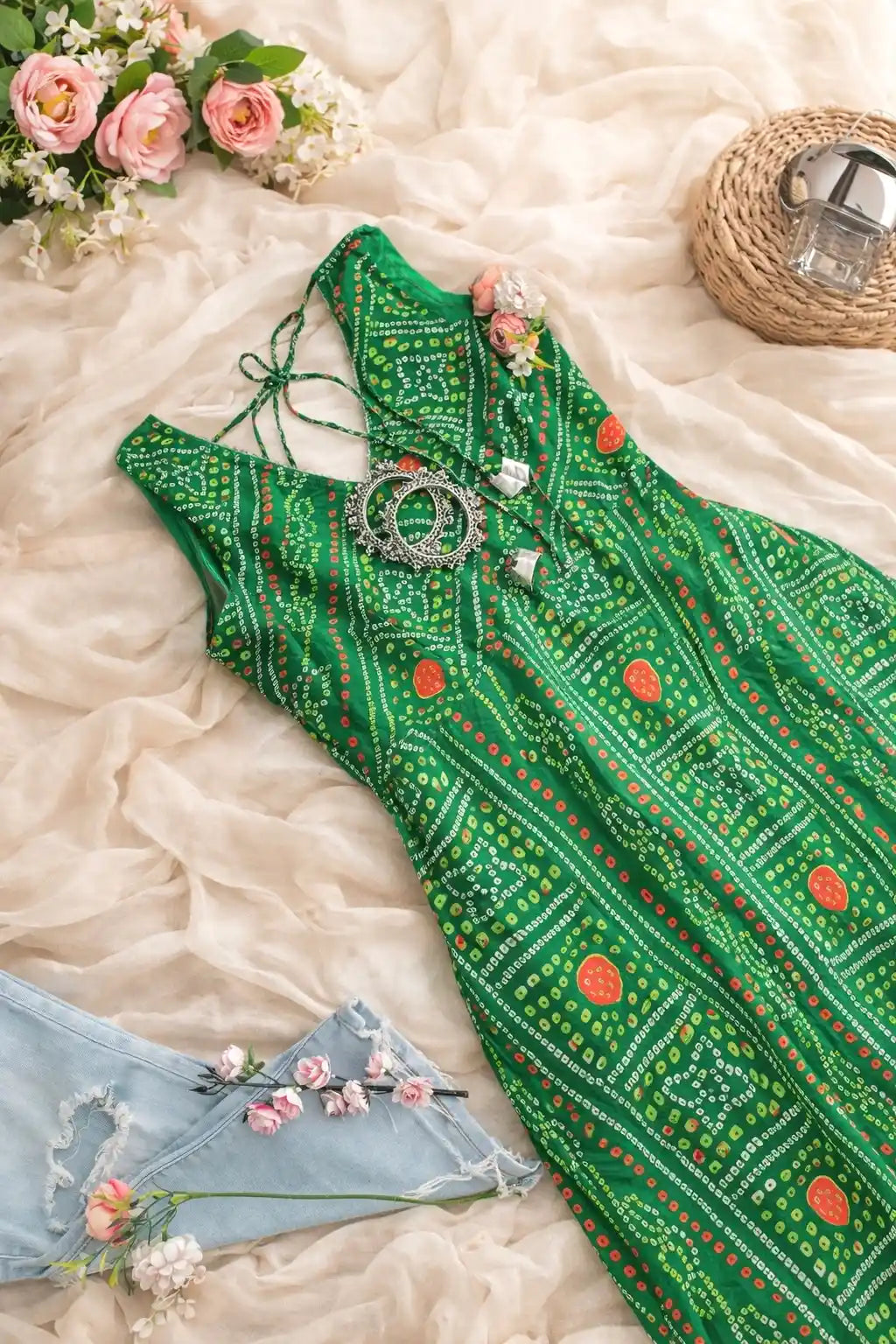 Bandhej Green Twirl Gulnaz Kurta
