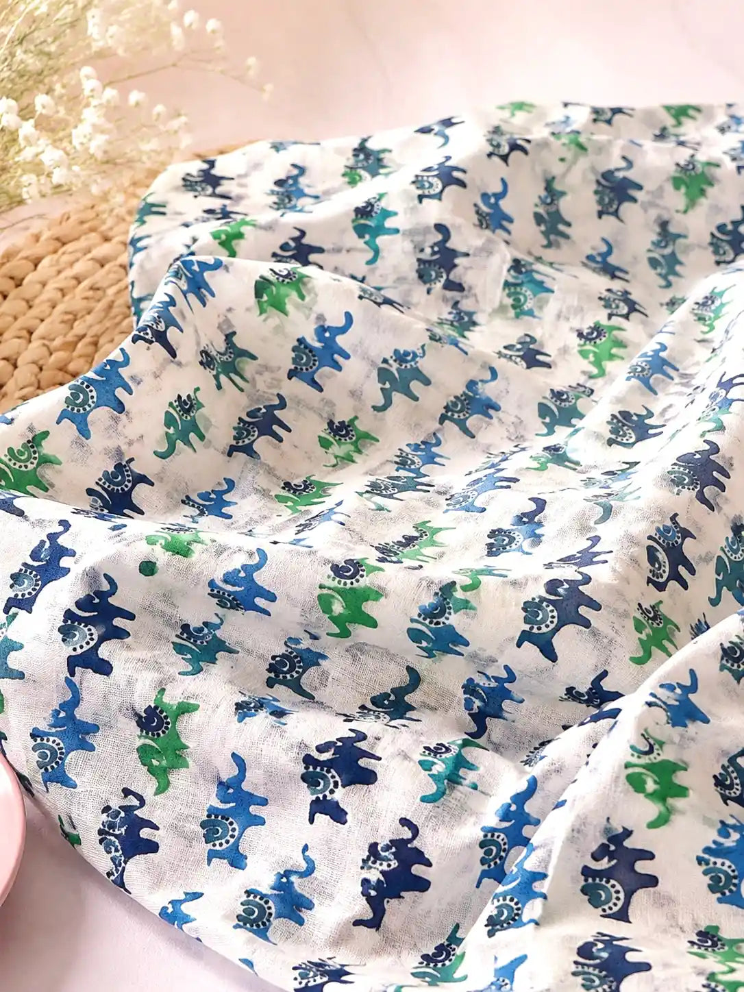 White Elephant Print Cotton Fabric Cut