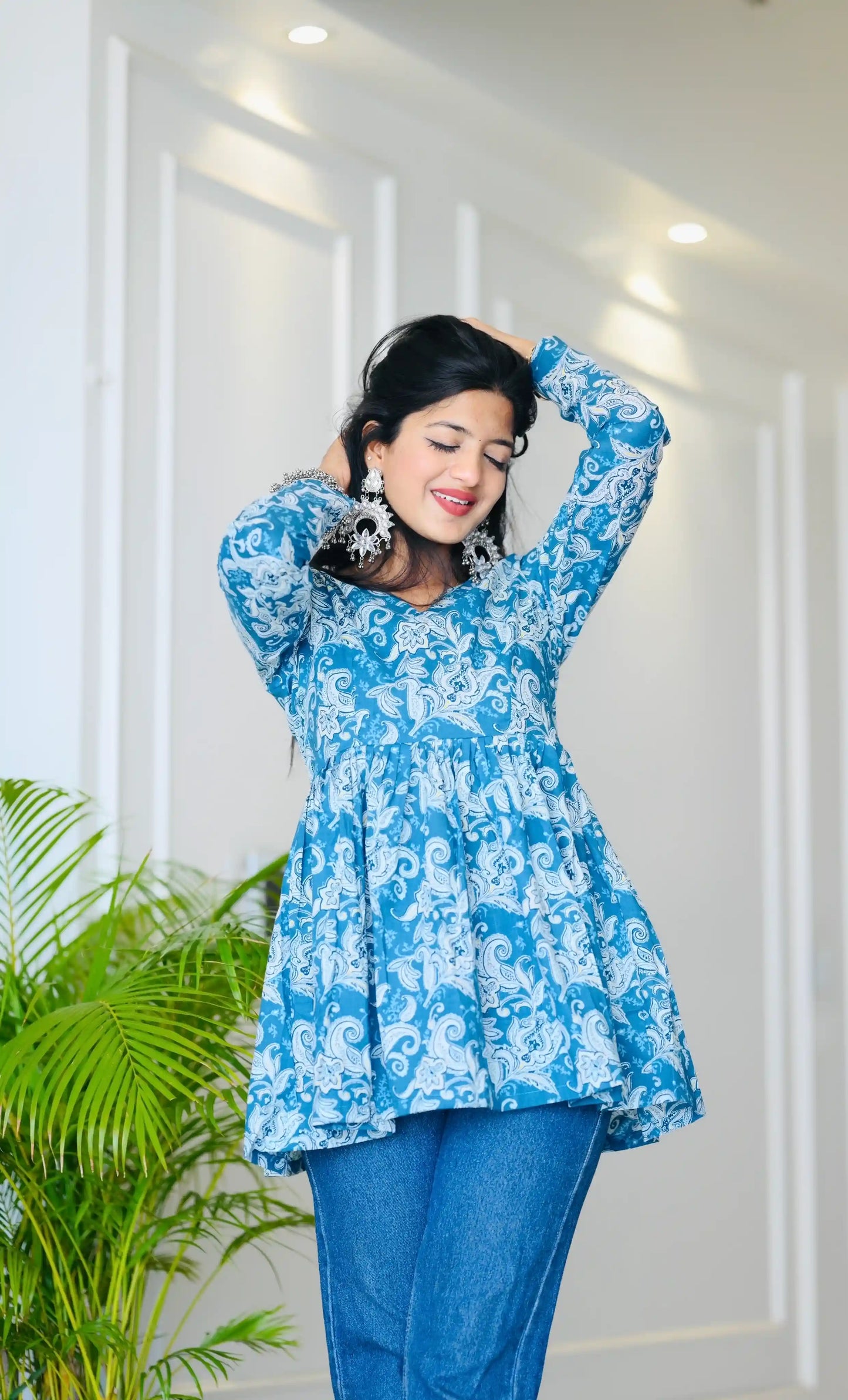 Blue Kalamkari Jaipuri Short Top