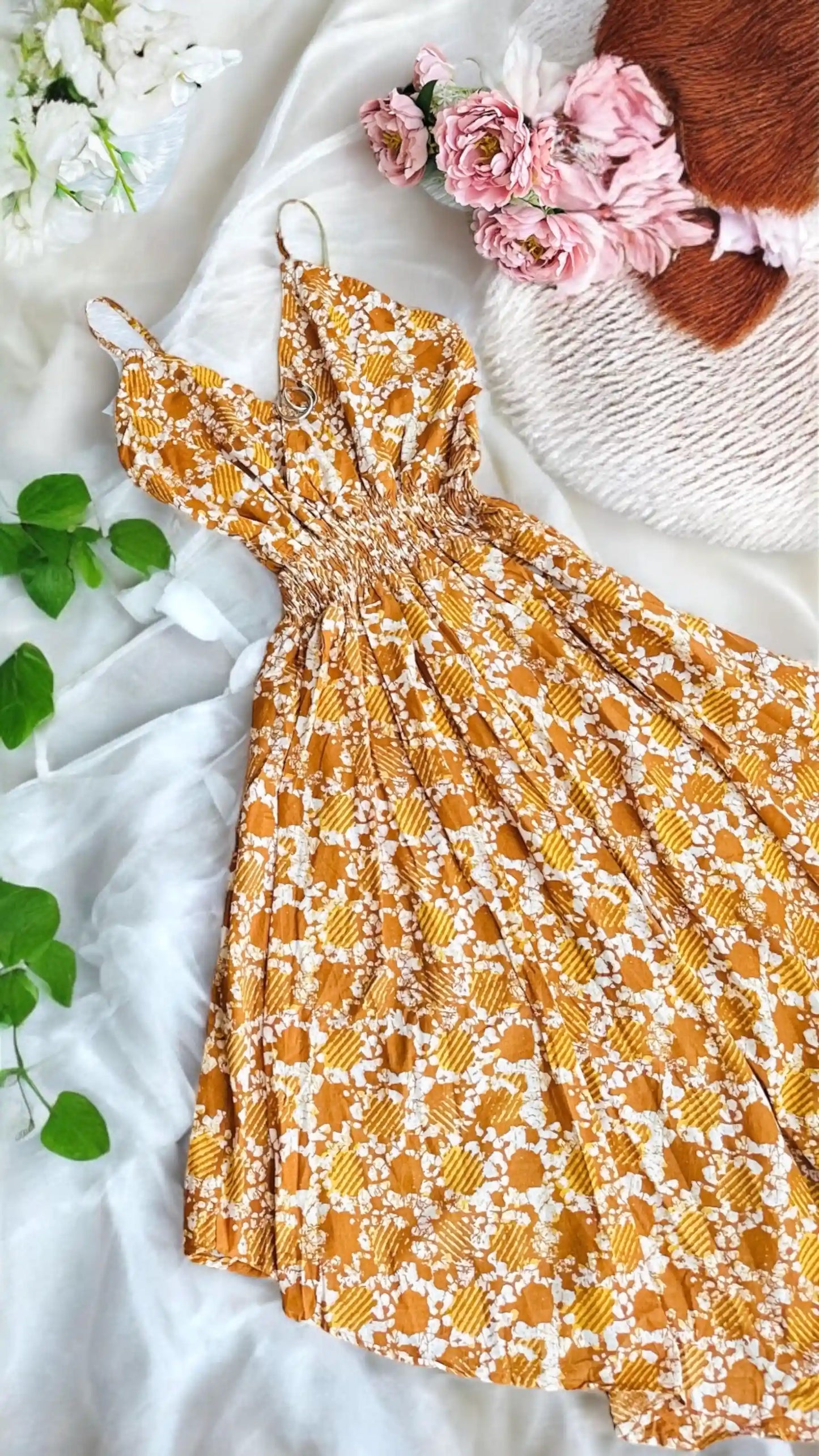 Batique Mustard Smoky Twirl Dress