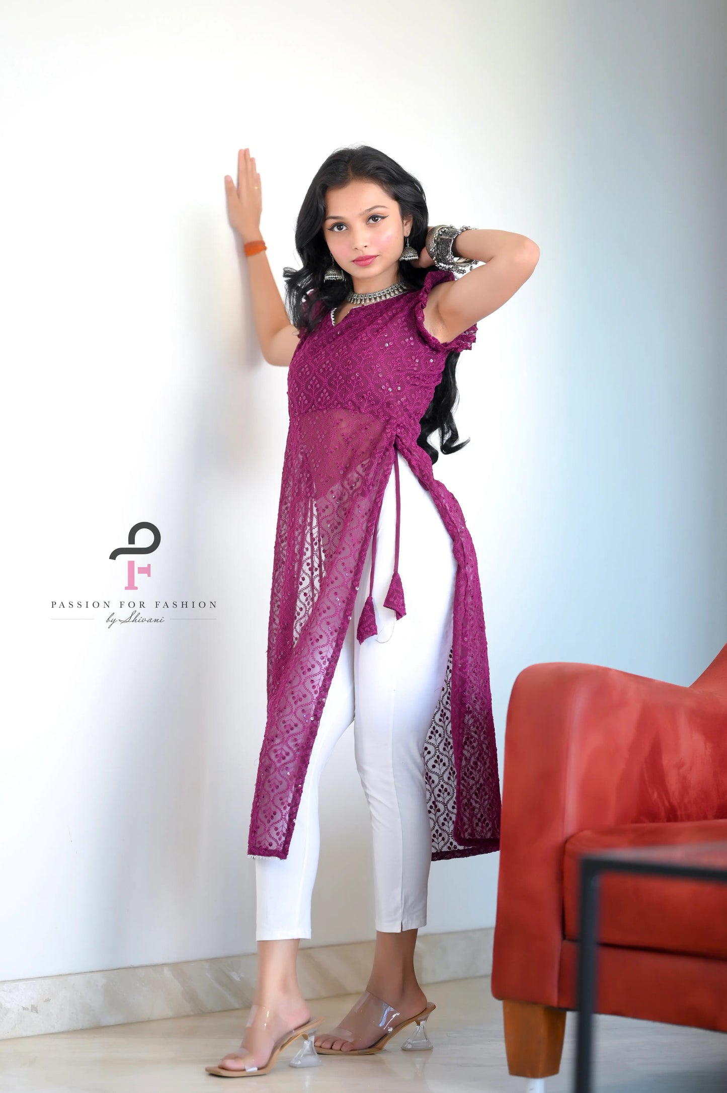 Fine Wine Embroidered Frill Gulnaz Kurta