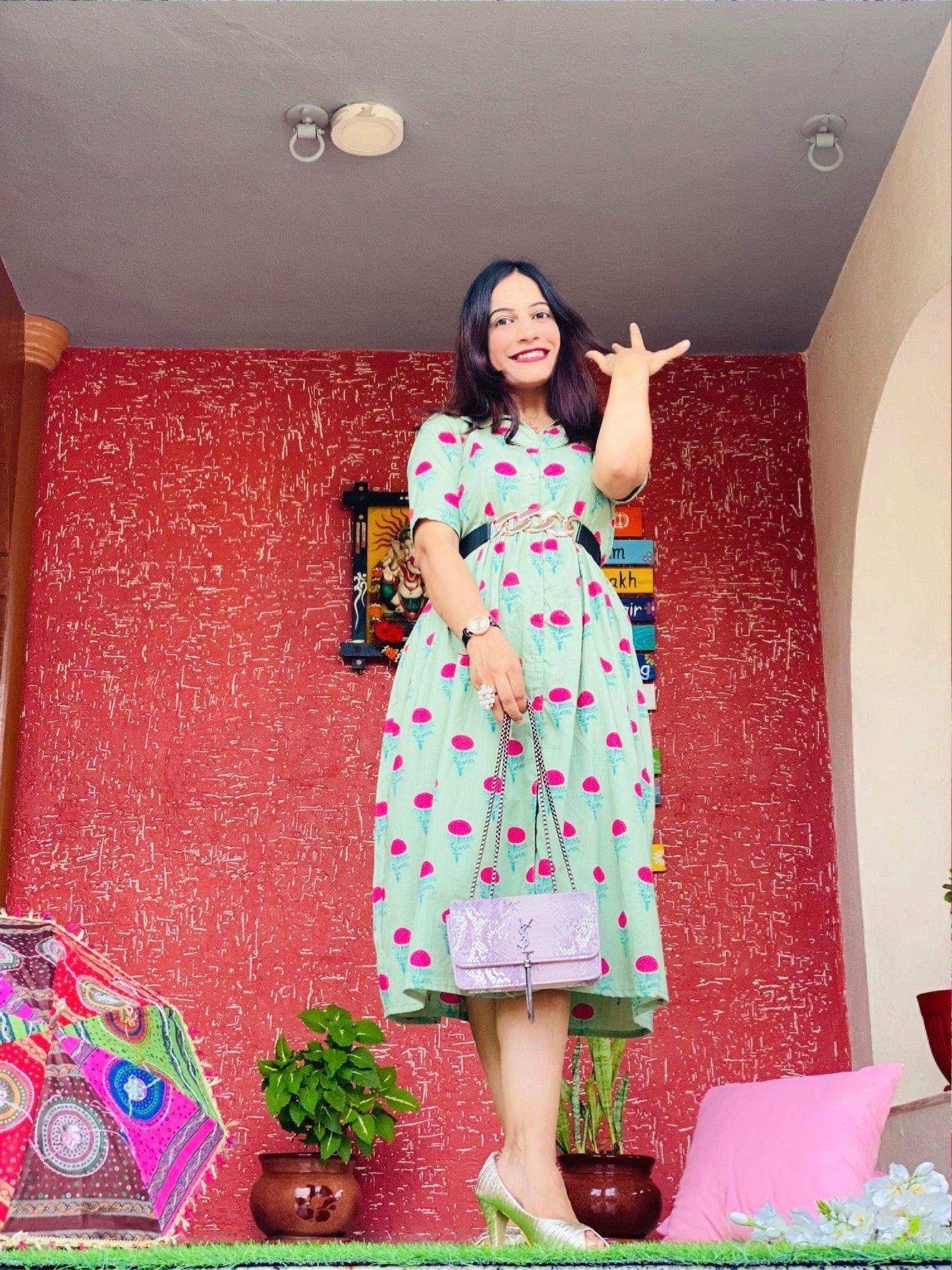 Soft Green Collar Block Print Dress - Passion for Fashion by Shivani