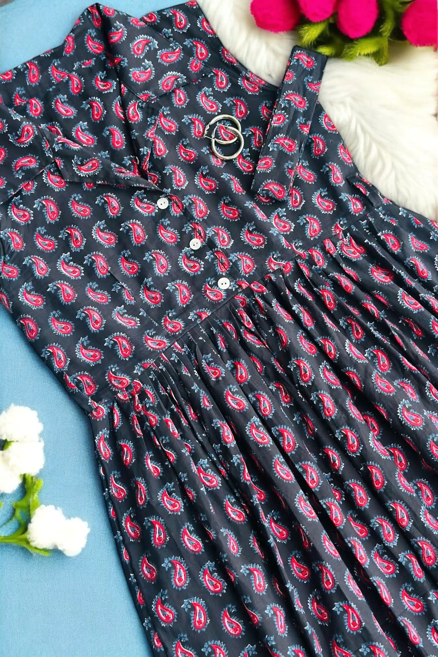 Cute Collar Hand Printed Twirl Dress
