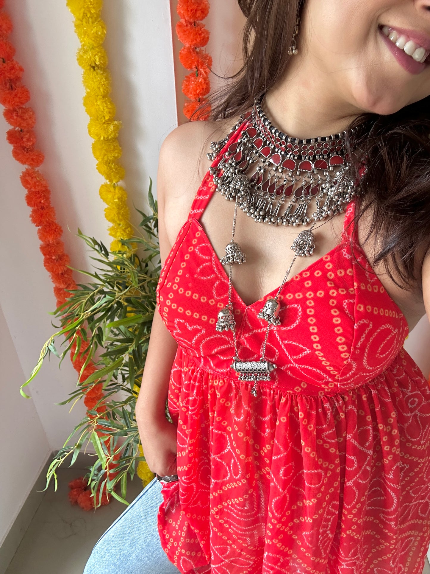 Ayesha’s Red Bandhej Peplum Top